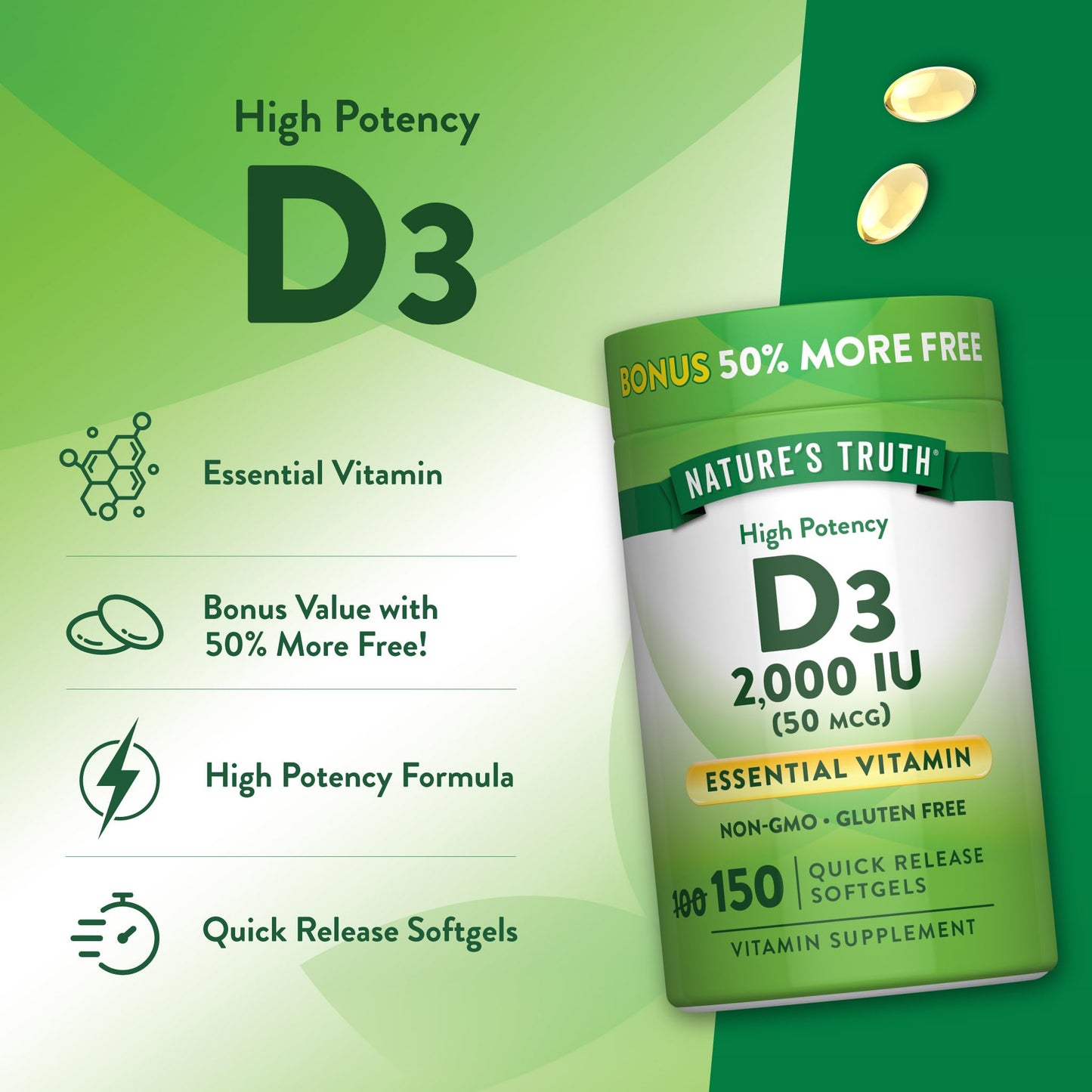 Nature's Truth Vitamin D3 2000 IU Softgels, 150 Count