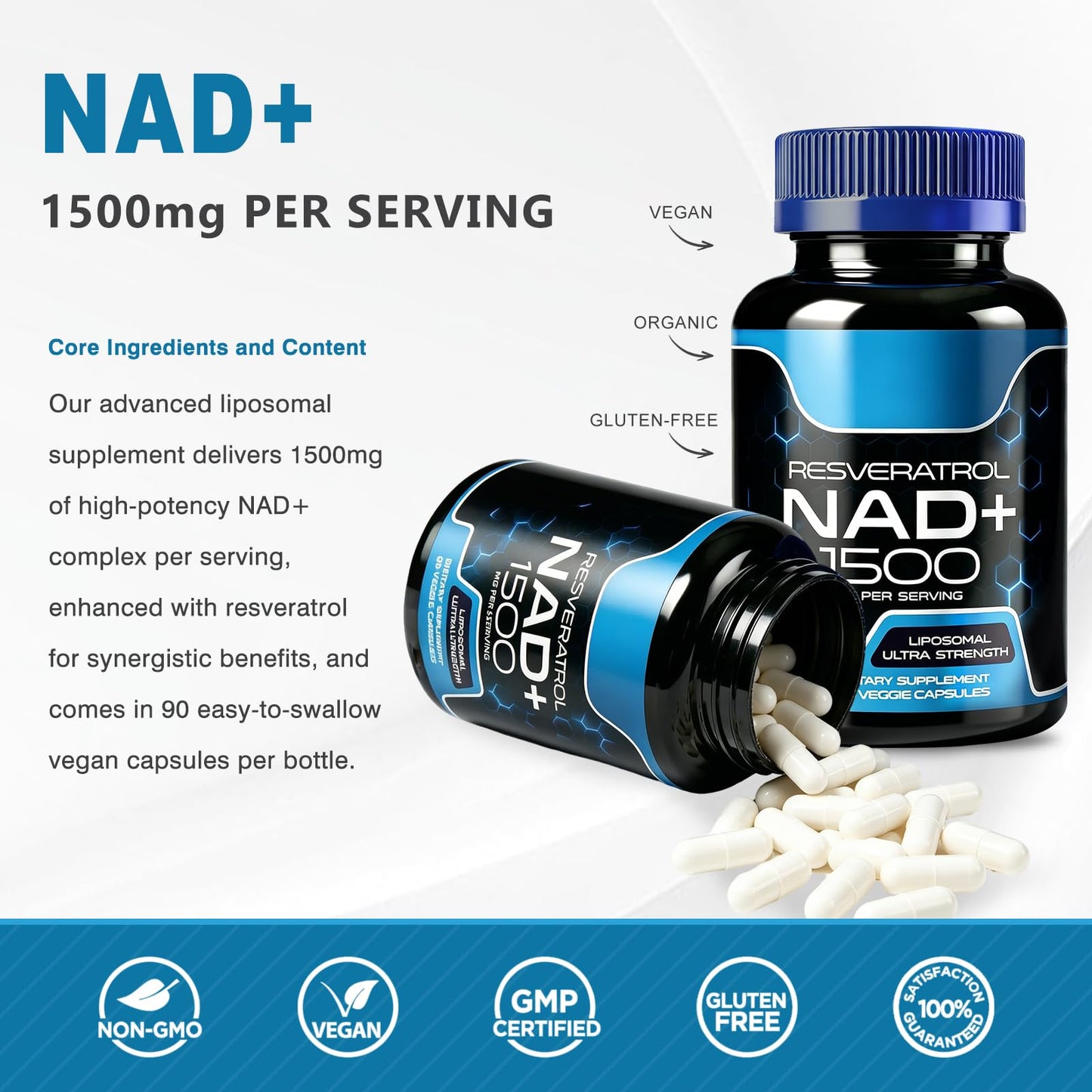 DCRWVCTON Liposomal NAD+ Supplement 1500mg with Resveratrol Capsules, 90 Count