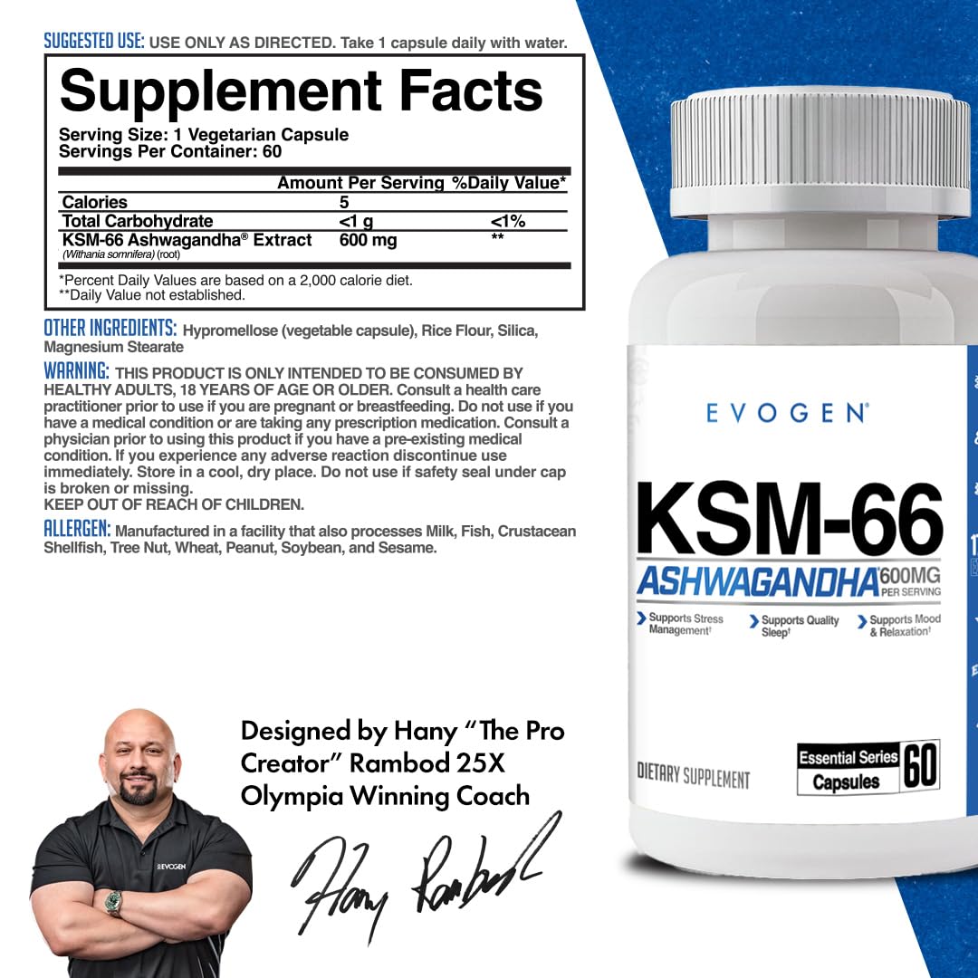 Evogen KSM-66 Ashwagandha 600mg Capsules, 60 Count
