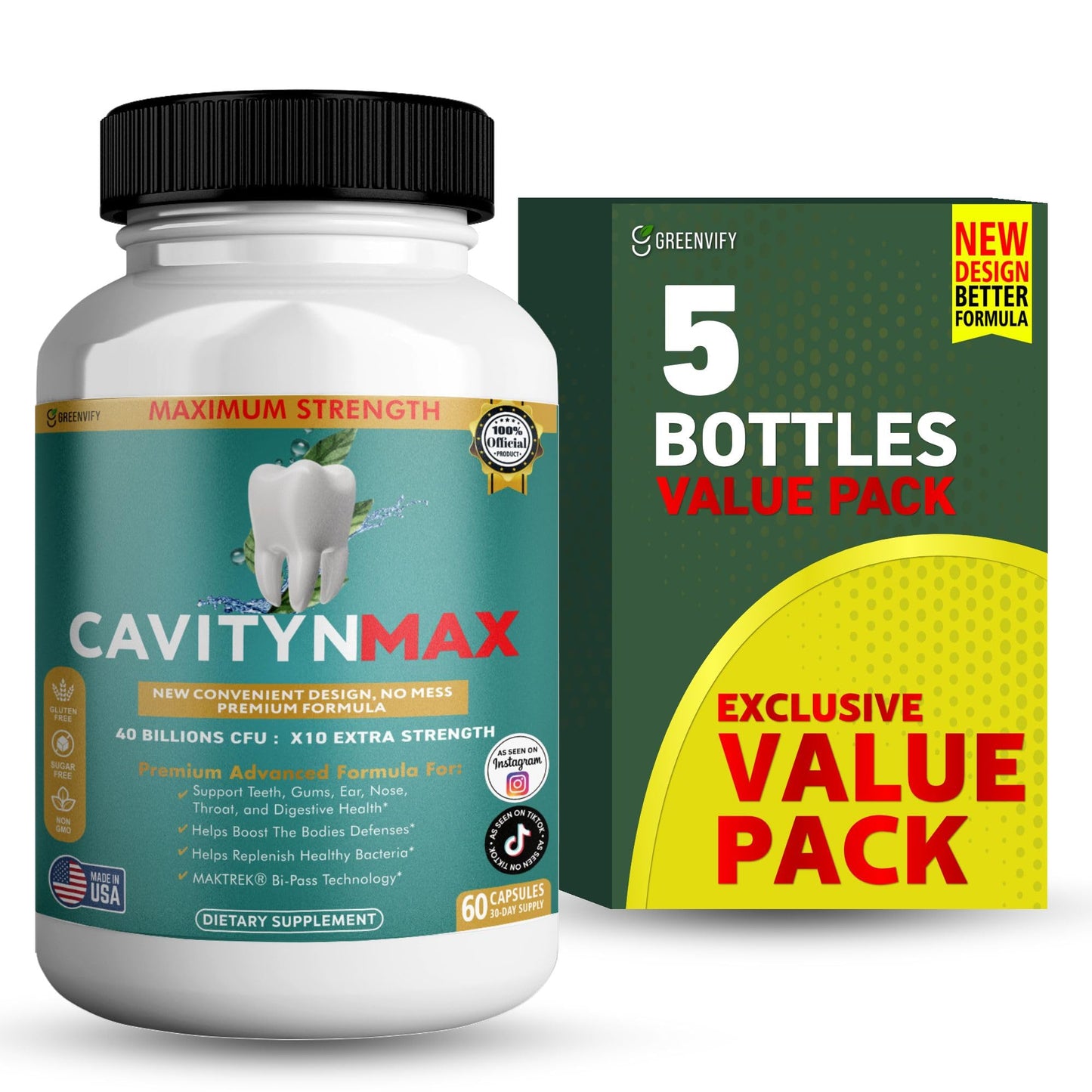 GREENVIFY Cavityn Max Probiotic Supplement 40 Billion CFU Capsule, 60 Capsules