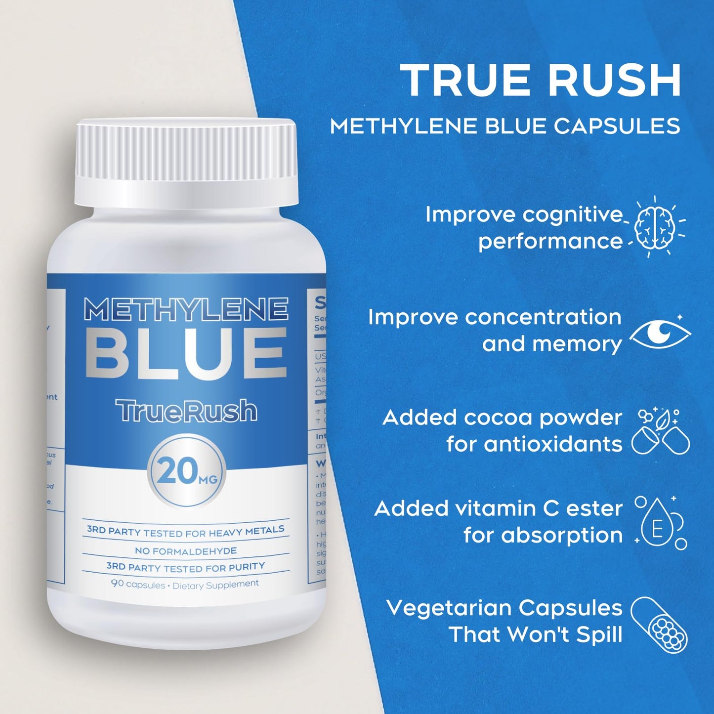 TrueRush Methylene Blue USP-Grade Capsules, 20mg, 90 Count