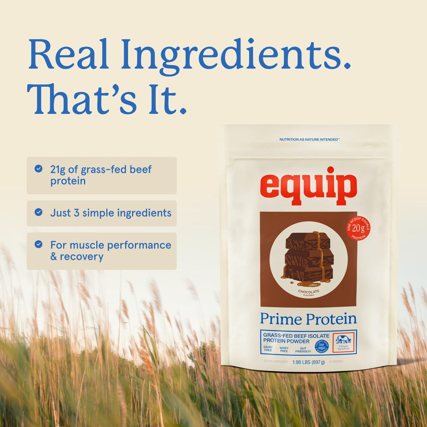 Equip Prime Protein Powder Beef Protein Isolate, 30 Servings, Chocolate (Low Sugar)