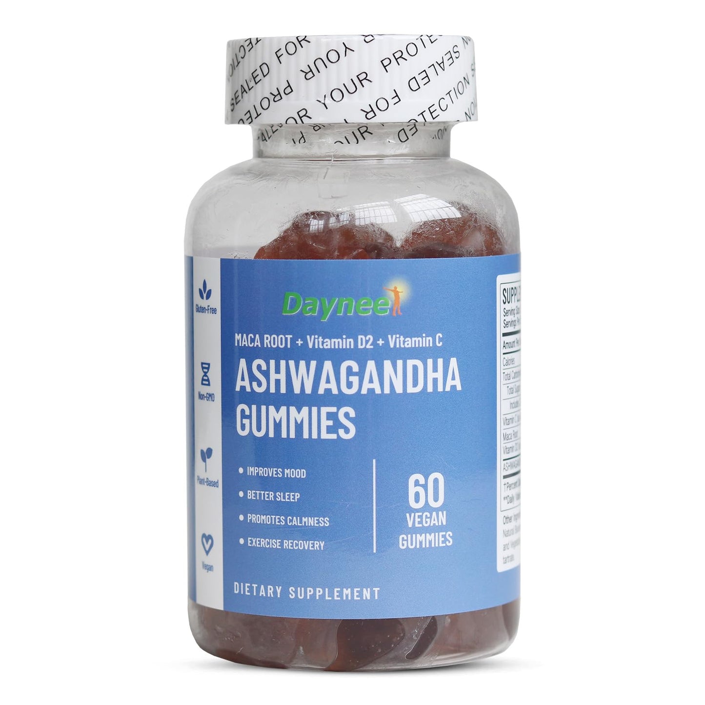 AIHIYO Ashwagandha Gummies with Maca Root, Vitamin D2 and Vitamin C, Vegan, Plant-Based, Non-GMO, Blueberry Flavor, 60 Count