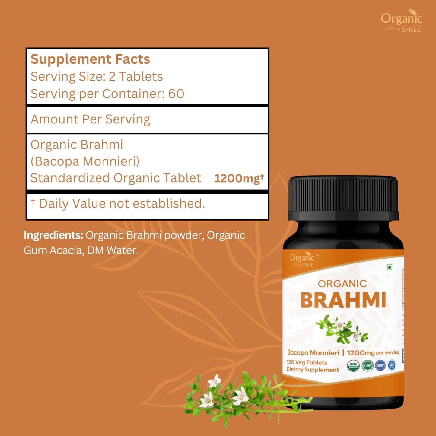 ORGANIC SPREE Brahmi Bacopa Monnieri Supplement Tablet, 360 Tablets
