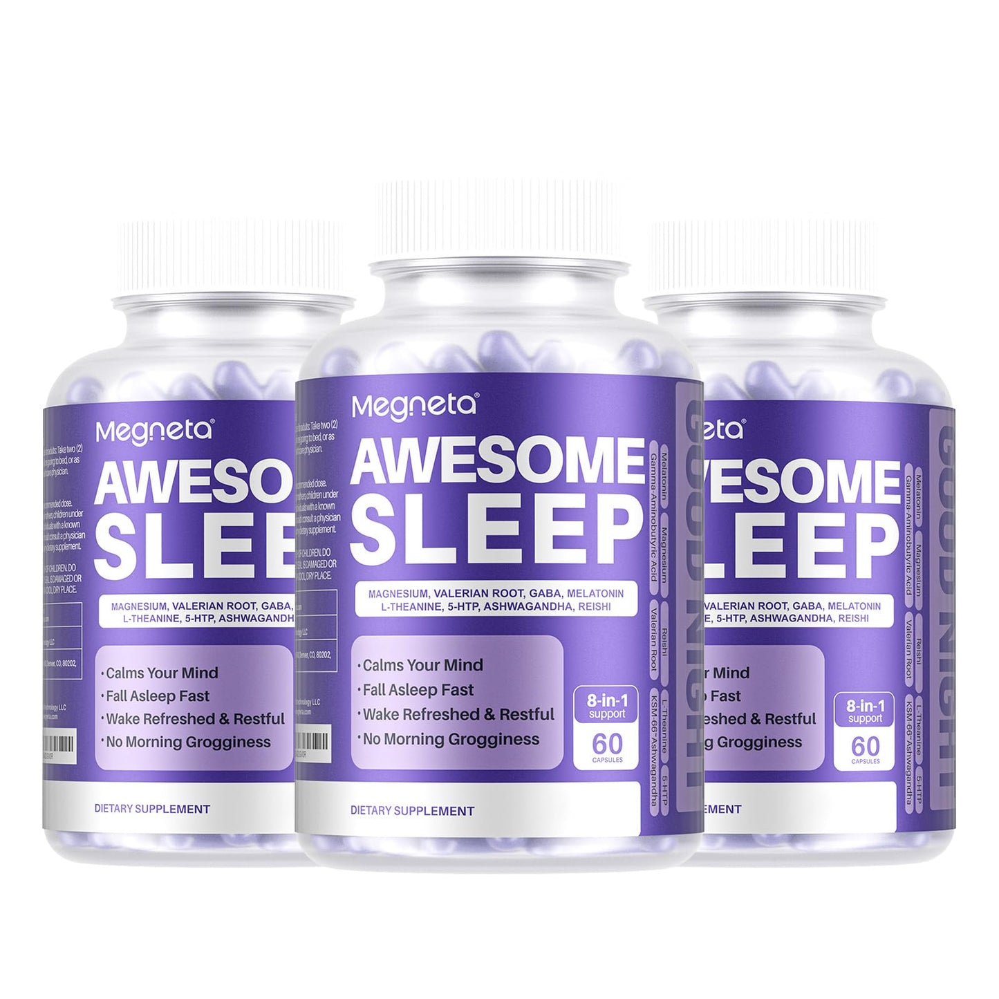 MEGNETA 8-IN-1 All-Natural Sleep Support Supplement for Adults with Ashwagandha, L-Theanine Capsules, 180 Count