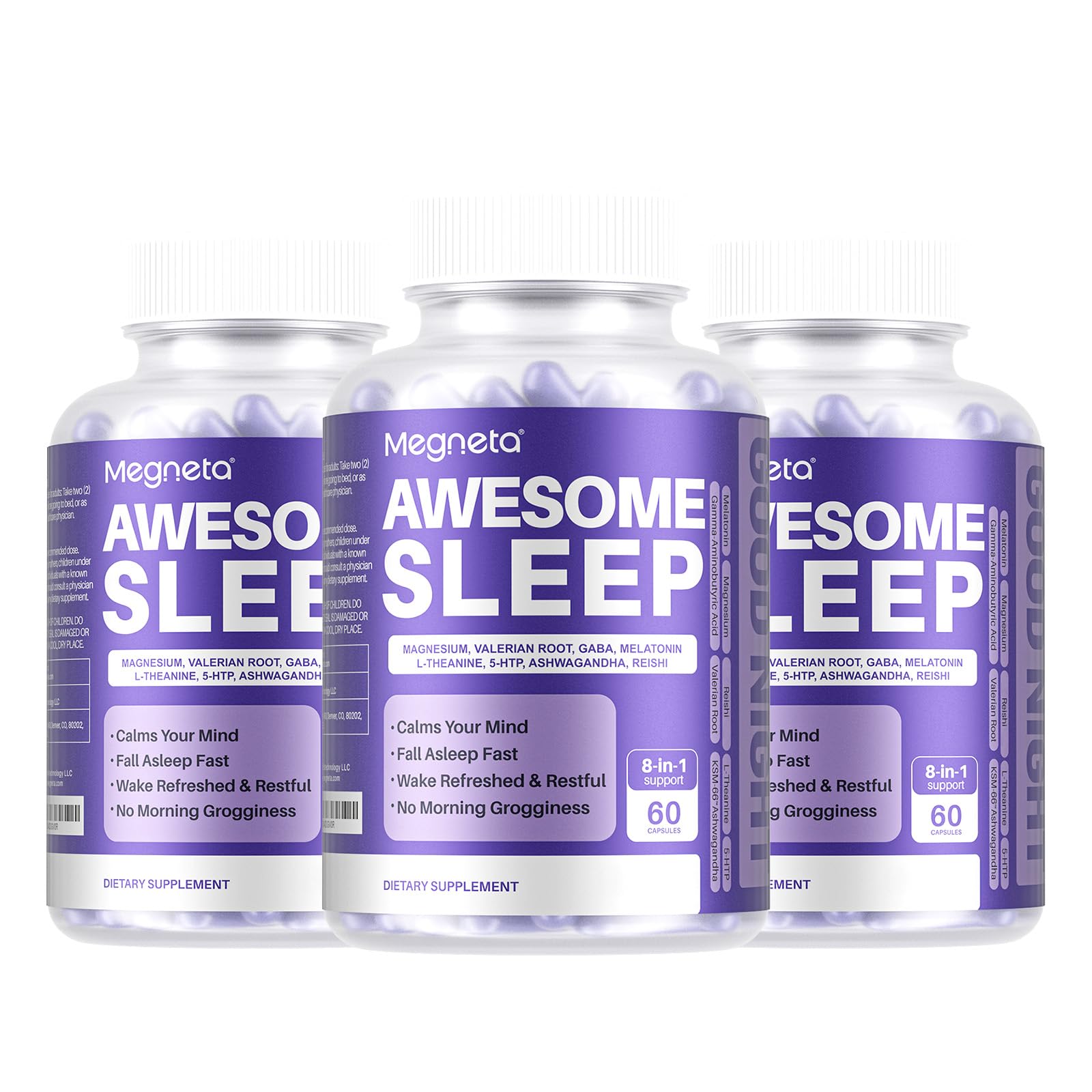 MEGNETA 8-IN-1 All-Natural Sleep Support Supplement for Adults with Ashwagandha, L-Theanine Capsules, 180 Count