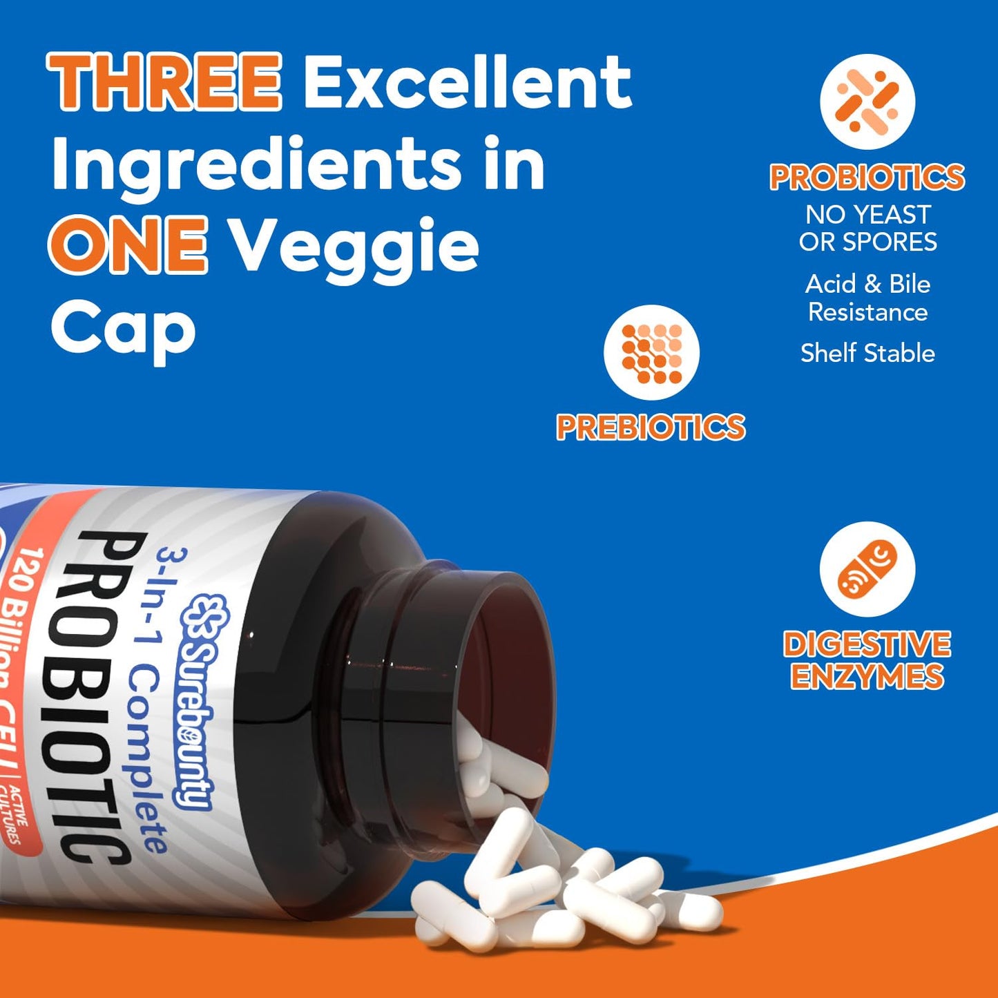 Surebounty Probiotics 120 Billion CFU, Probiotics for Men & Women, Prebiotics + Digestive Enzymes, Highest Potency, 3-in-1 Complete Probiotic Capsules, 30 Capsules