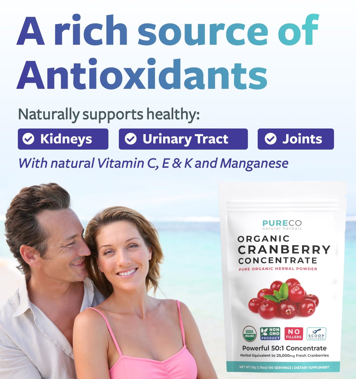 PURE CO USDA Organic Cranberry Concentrate Powder, 500mg 50:1 Extract, 1 Scoop Serving, 100 Servings