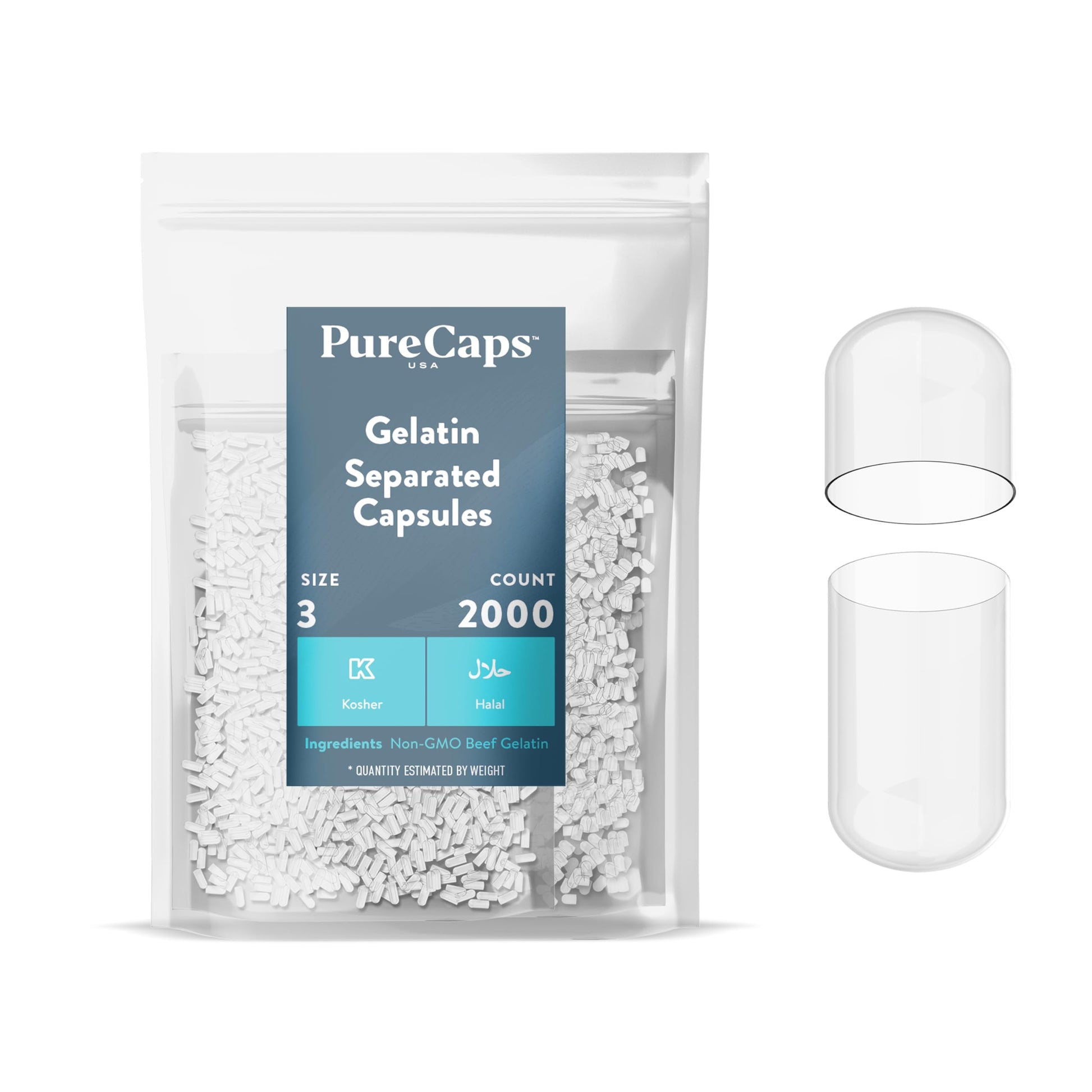 PureCaps USA Empty Gelatin Capsules Size 3, 2,000 Capsules, Clear, Non-GMO Certified, SLS-Free, Gluten-Free, Preservative-Free