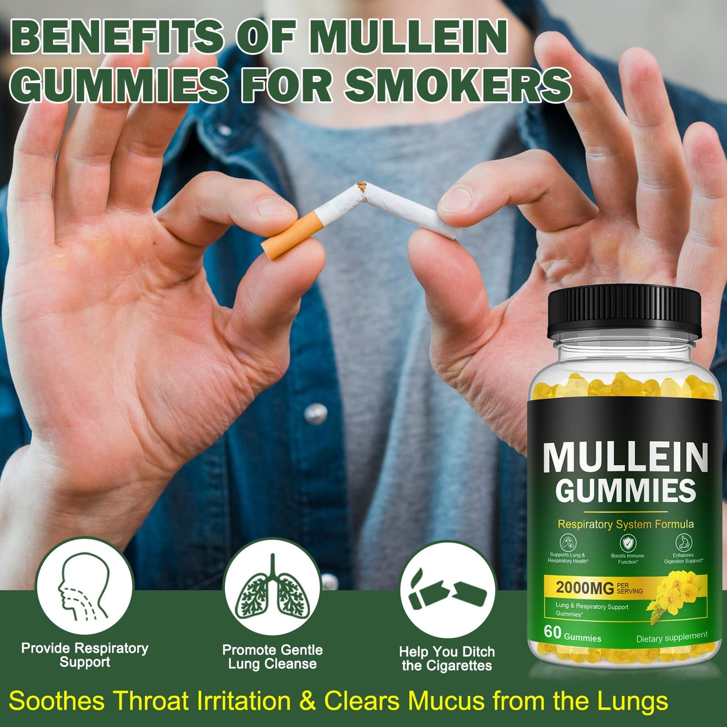 Ruduwu Mullein Gummies for Lung Detox, 2000mg Mullein Leaf Extract for Respiratory & Digestive & Immune Support with Quercetin, Bromelain, Elderberry & Marshmallow, Vegan, 60 Gummies