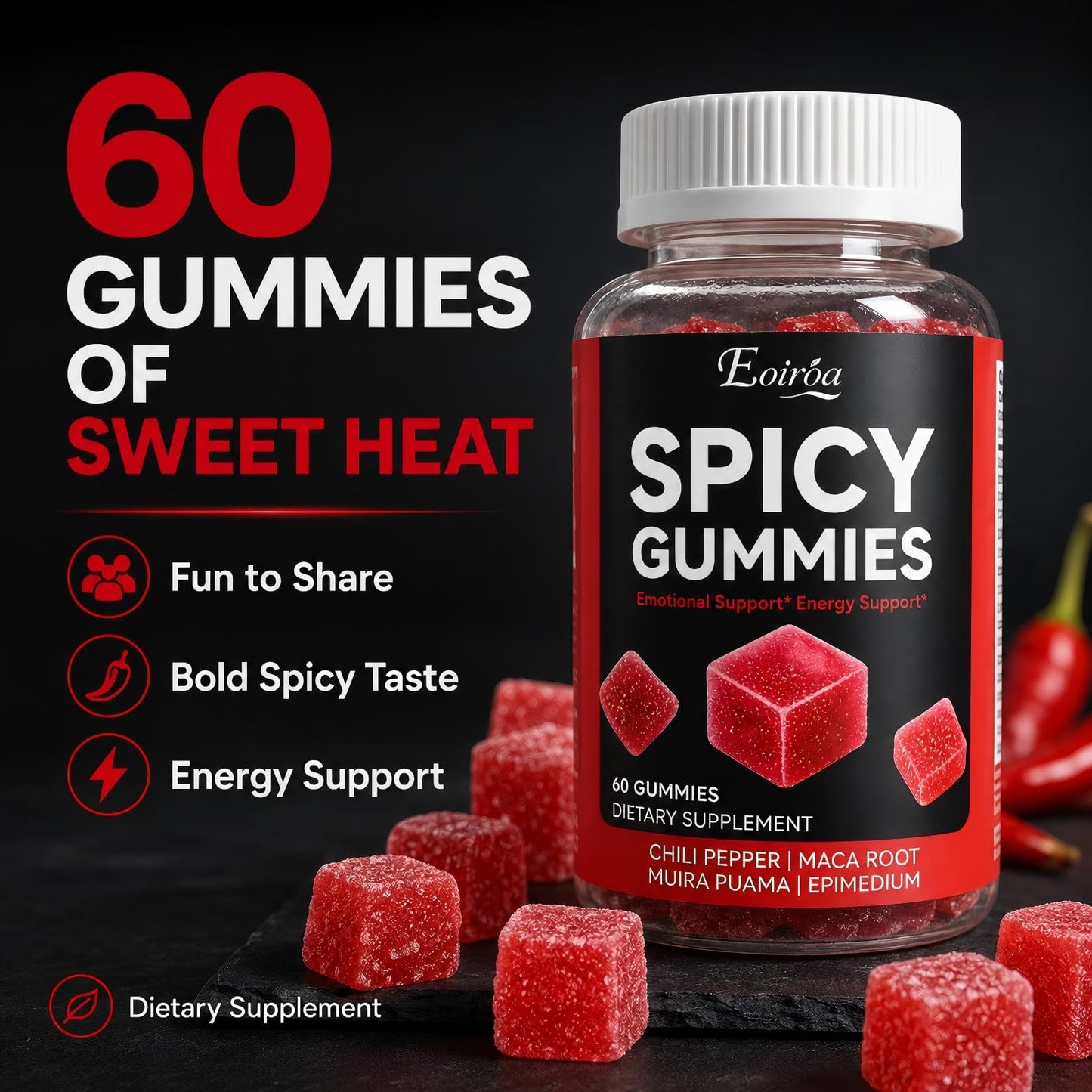 Eoiroa Spicy Gummies Cubes for Couples, Sweet Heat Chili Candy with Maca Root & Epimedium to Support Shared Energy, Mood & Daily Vitality, 60 Count