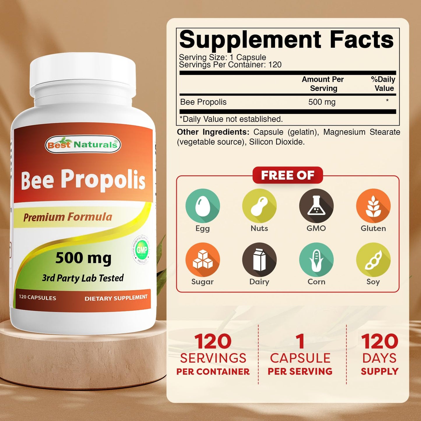 Best Naturals Bee Propolis 500 mg Capsules 240 Count