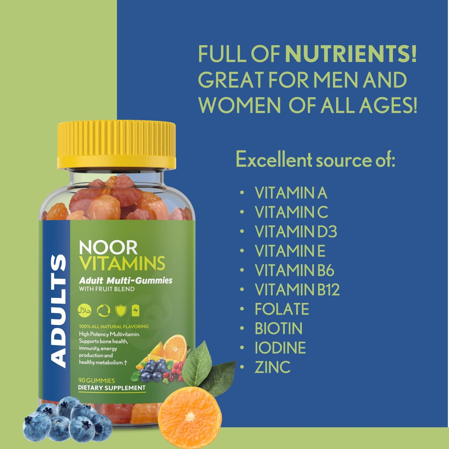 Noor Vitamins Halal Adult Multivitamin Gummy with Organic Fruit Blend for Men and Women, 90 Count