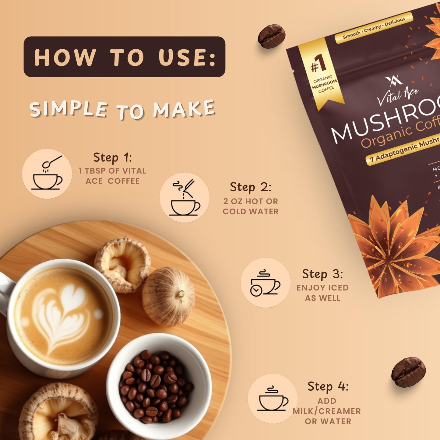 Vital Ace Organic Mushroom Coffee Powder with Lion’s Mane & 7 Adaptogens, 30 Servings, 6.35 oz