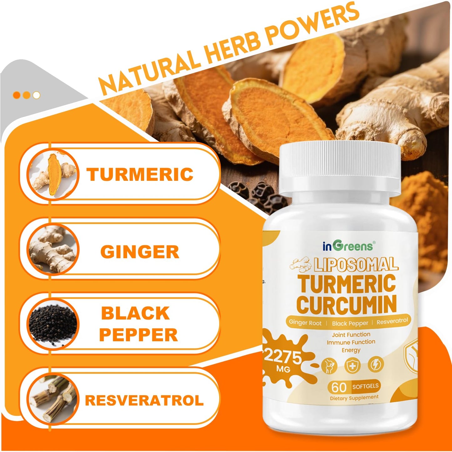 inGreens Turmeric Supplement 2275mg, 95% Curcumin, Liposomal Curcumin for Joint Support, 60 Softgels