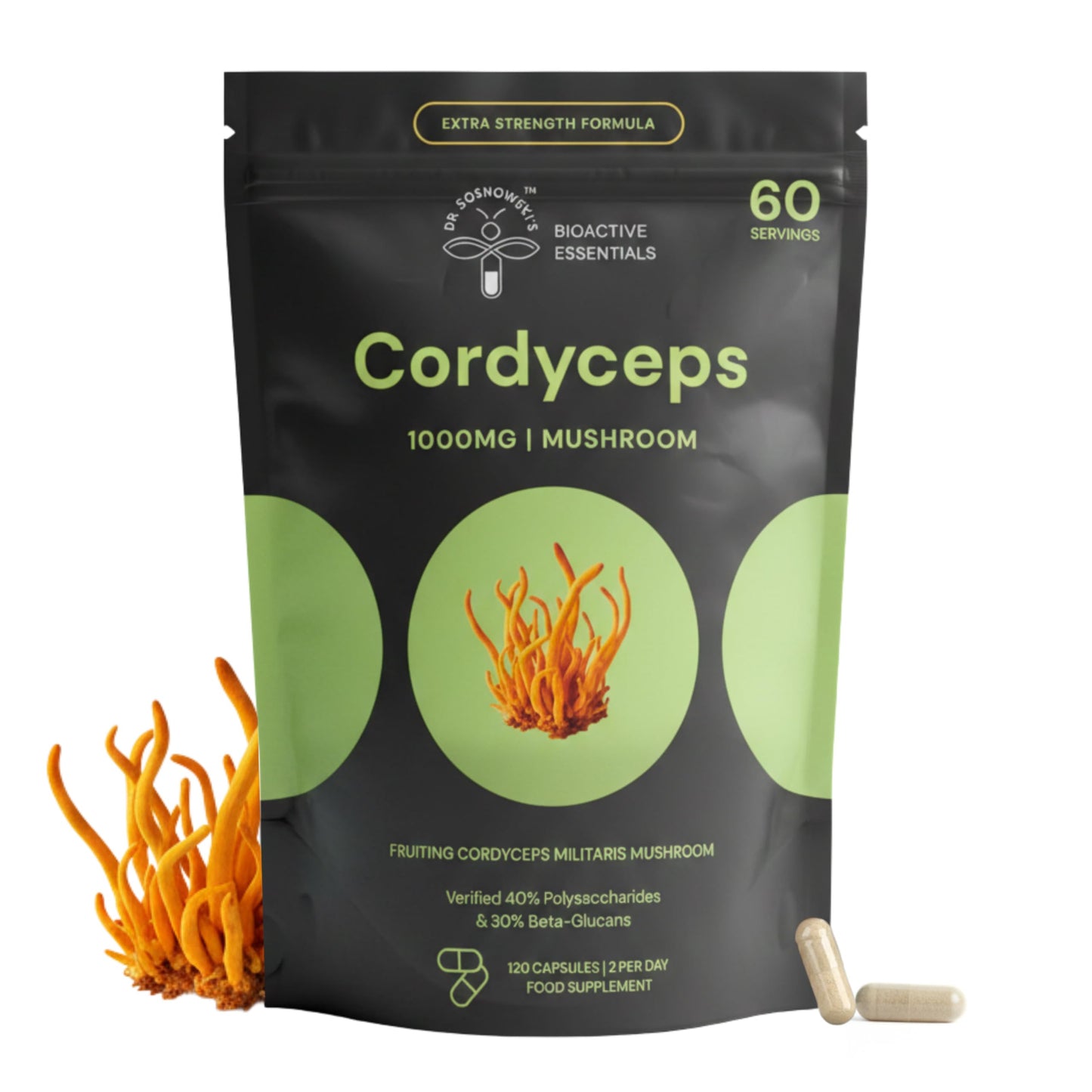 Dr Sosnowski's BioActive Cordyceps Mushroom Capsules 1000mg High Strength Cordyceps Extract, 120 Capsules