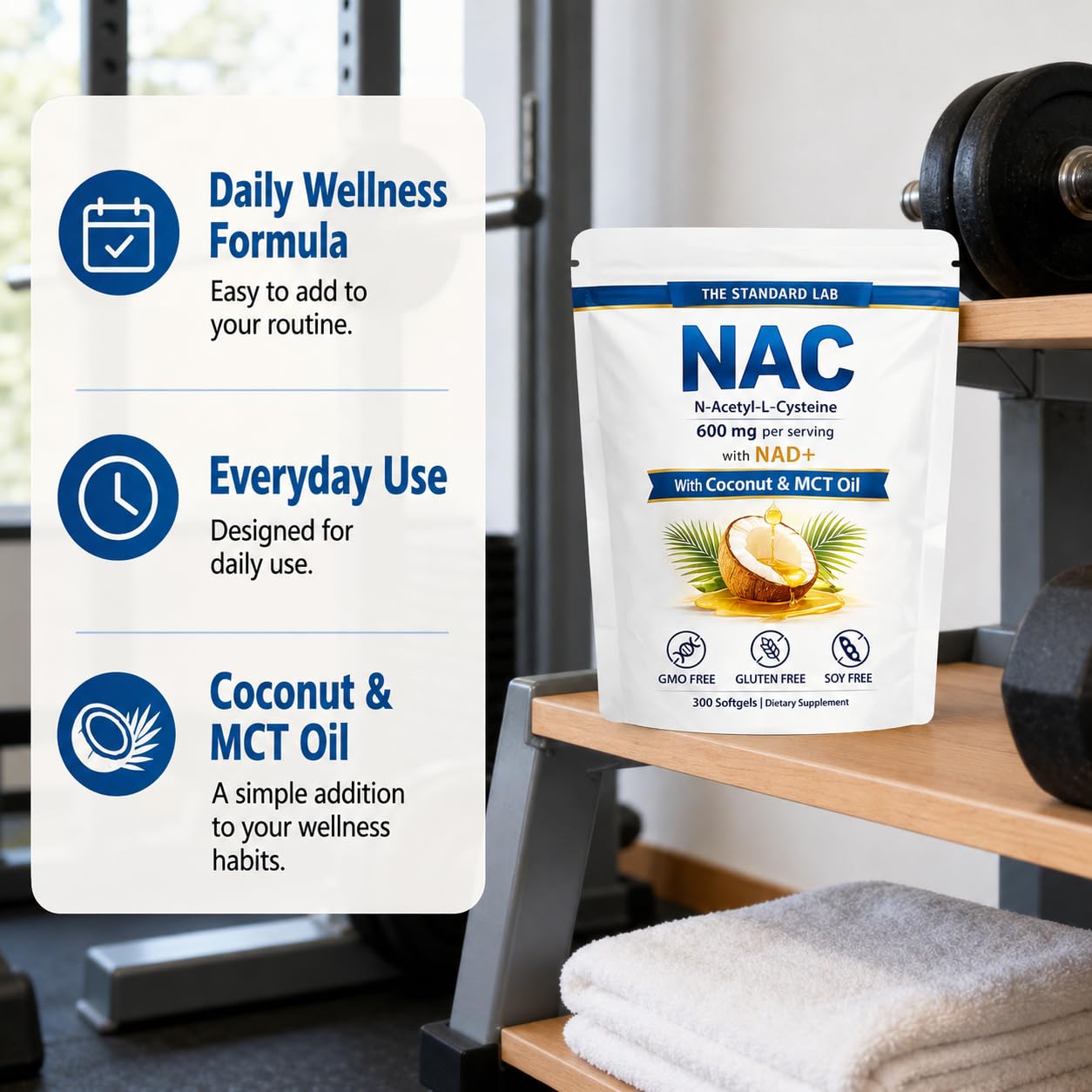 The Standard Lab NAC 600 mg Daily Formula, NAD & Coconut Oil Softgel, 300 Count