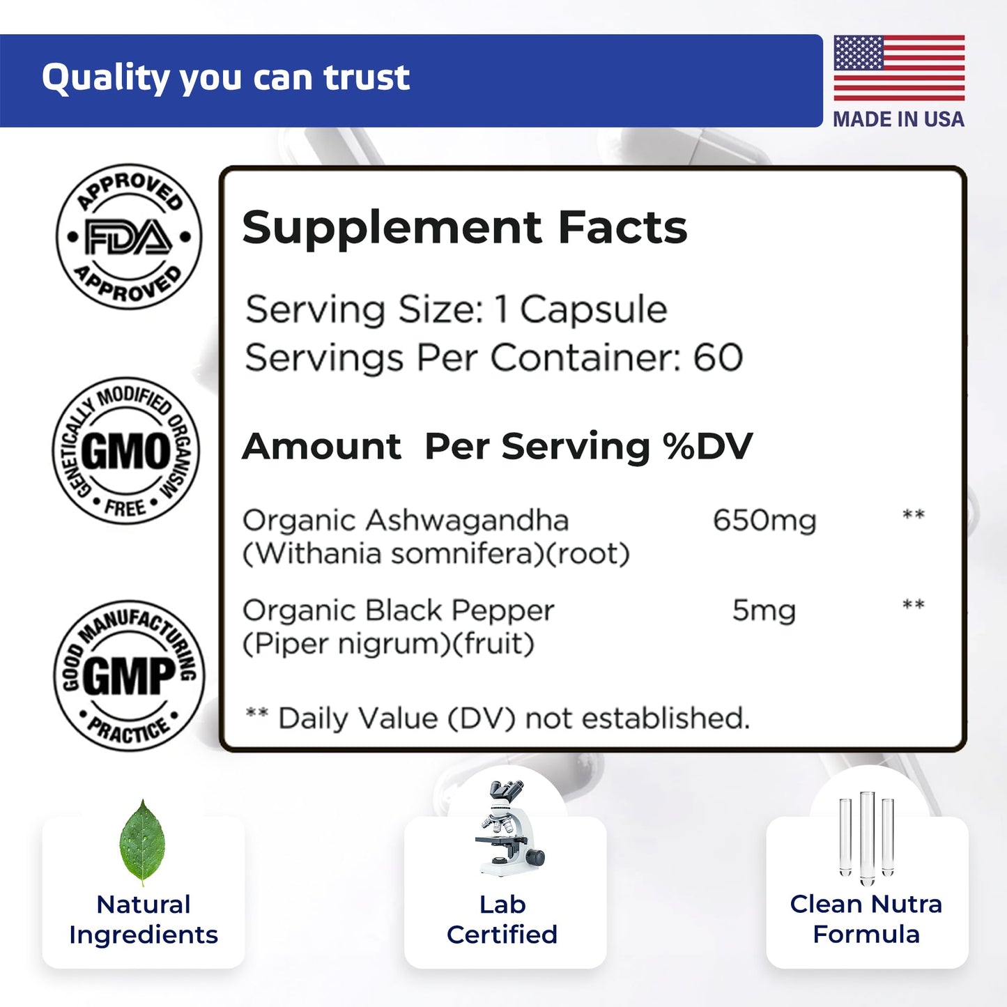 TIVA Nutraceutics Ashwagandha Capsules 650mg with Black Pepper Extract, 60 Capsules