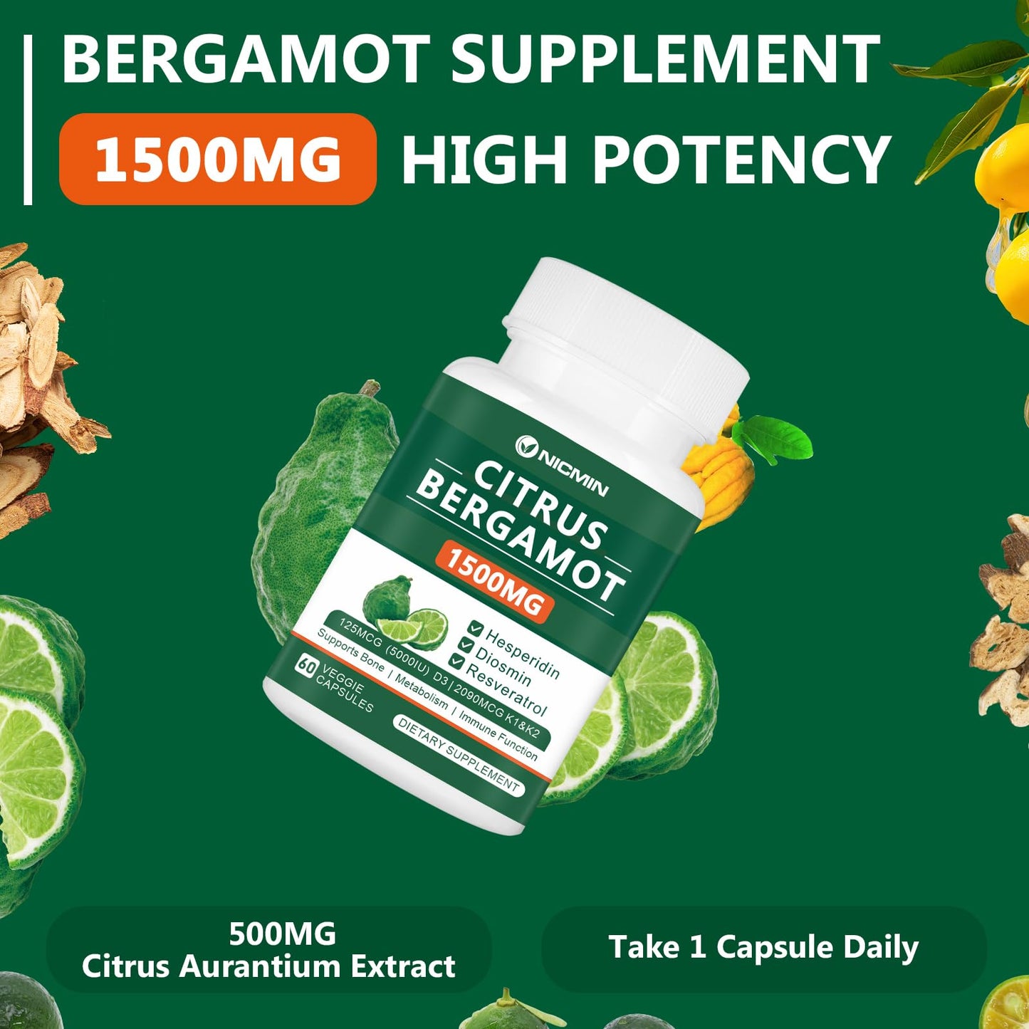 NICMIN Citrus Bergamot 1500mg with Hesperidin, Diosmin, Resveratrol, Vitamin D3, K1 & K2 Veggie Capsules, 60