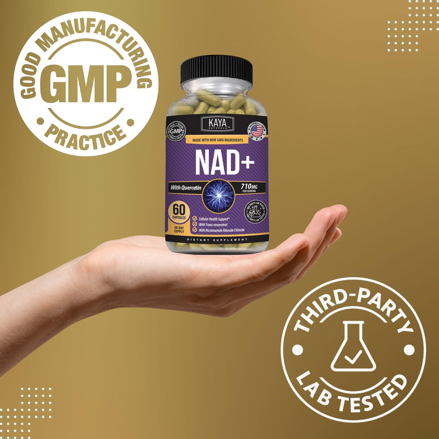 Kaya Naturals NAD+ with Trans-Resveratrol 710mg per Serving Capsule, 60 Count