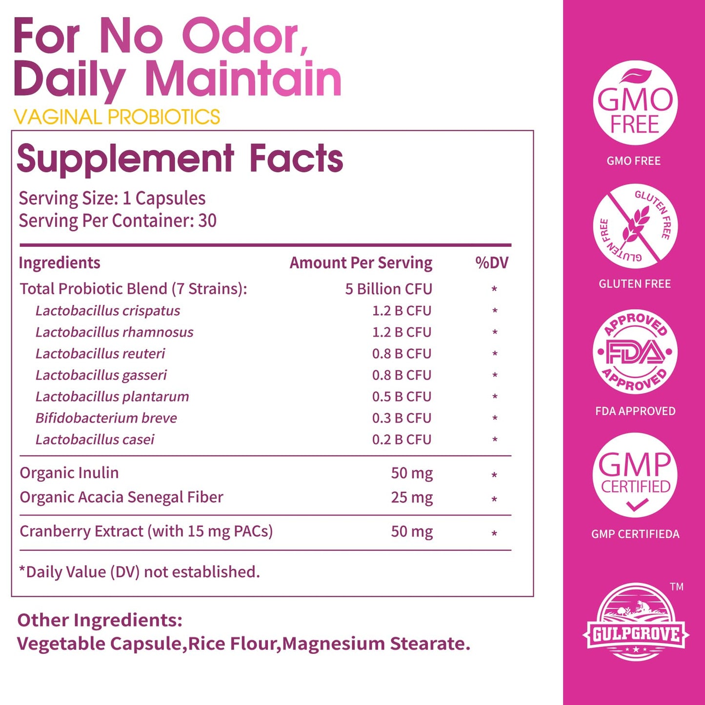GulpGrove Vaginal Probiotics for Women with Prebiotics & Cranberry Capsules, 30 Count