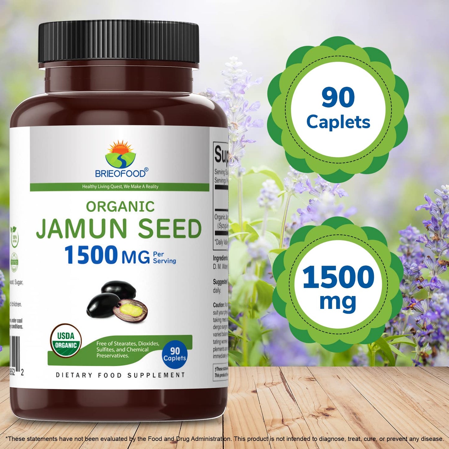 Brieofood Organic Jamun Seed 1500mg Tablets 180 Count
