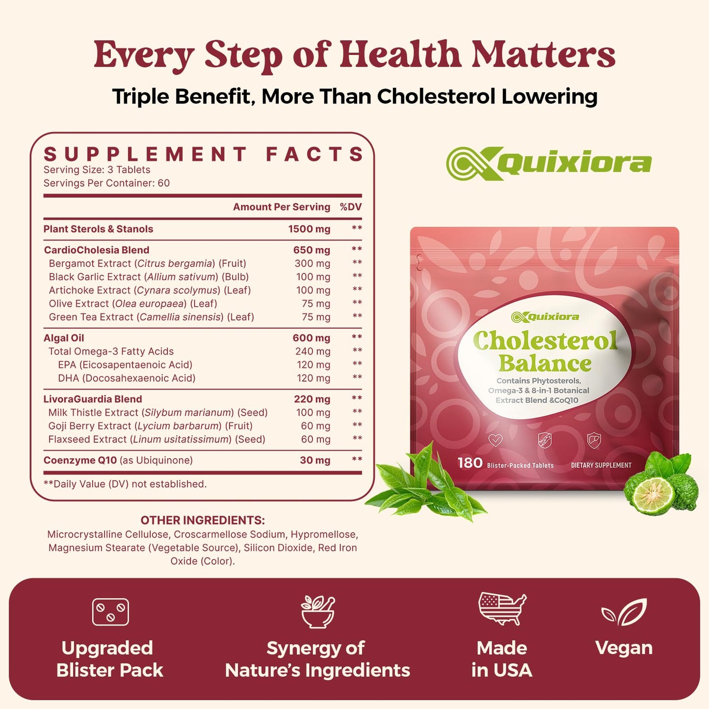 Quixiora Plant Sterols Support Supplement Tablets 180 Count