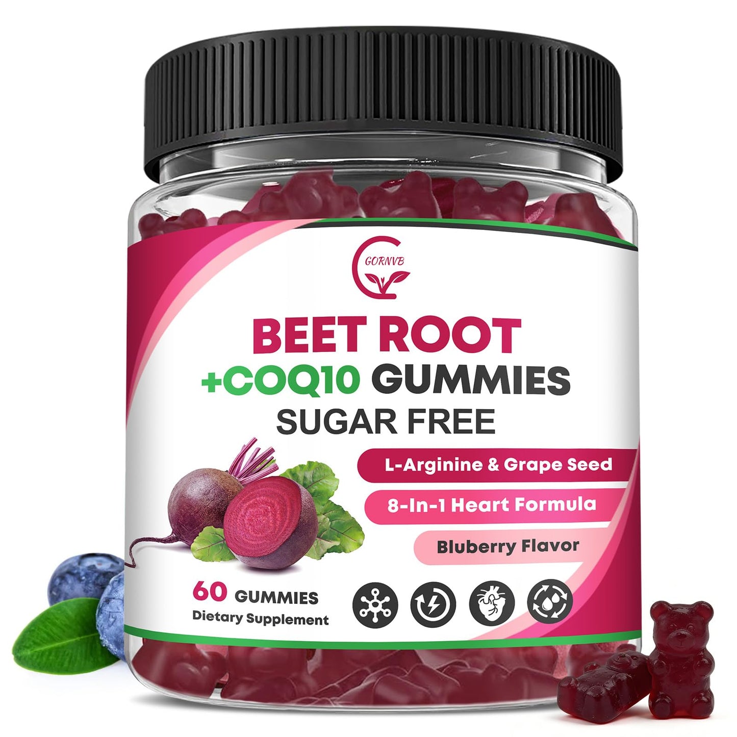 GORNVB Beet Root Gummies with CoQ10, L-Arginine & Grape Seed Extract, Nitric Oxide Booster, Vegan, Gluten Free, 60 Gummies
