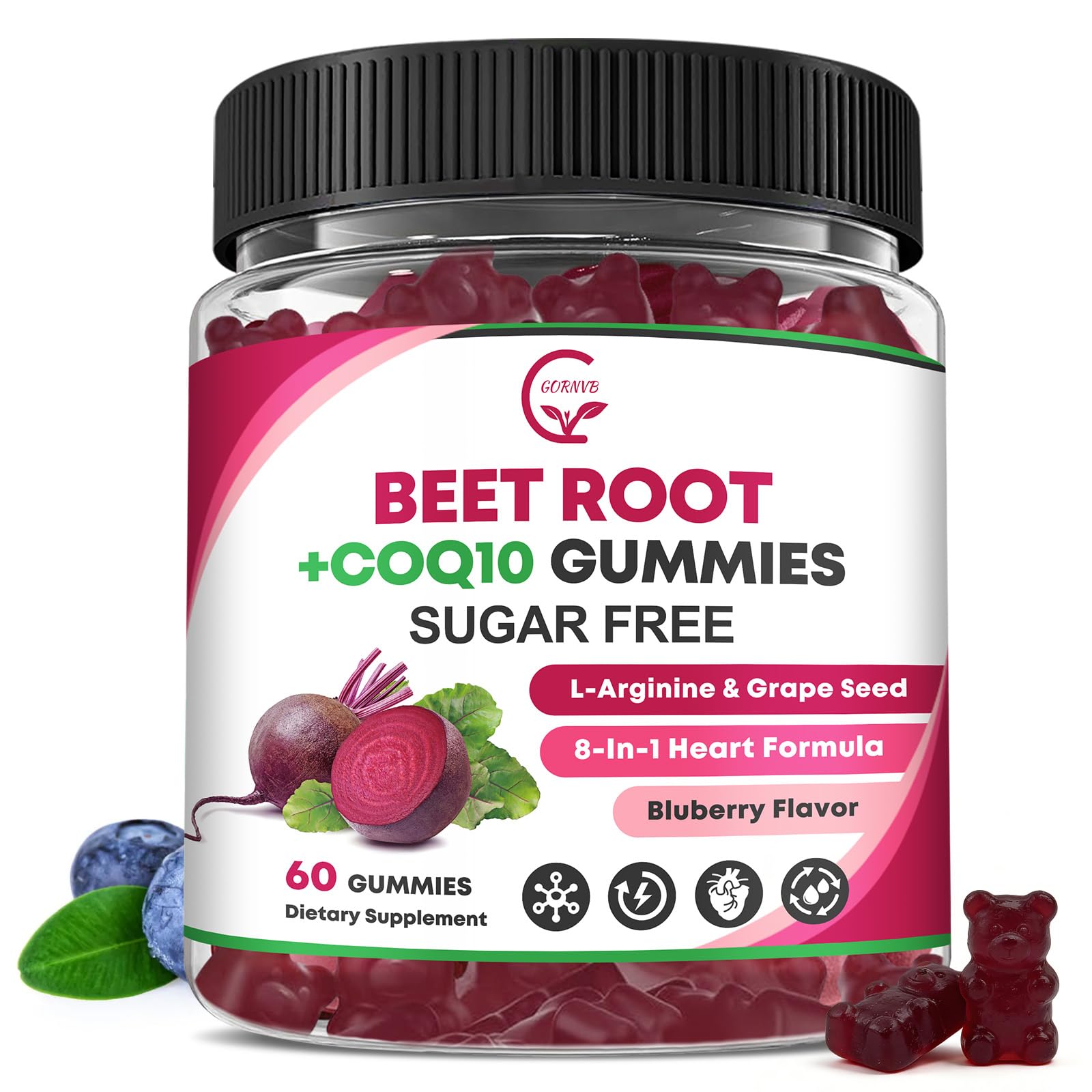 GORNVB Beet Root Gummies with CoQ10, L-Arginine & Grape Seed Extract, Nitric Oxide Booster, Vegan, Gluten Free, 60 Gummies