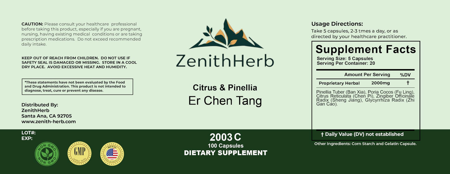 ZenithHerb Citrus & Pinellia/Er Chen Tang Capsules, 100 Capsules