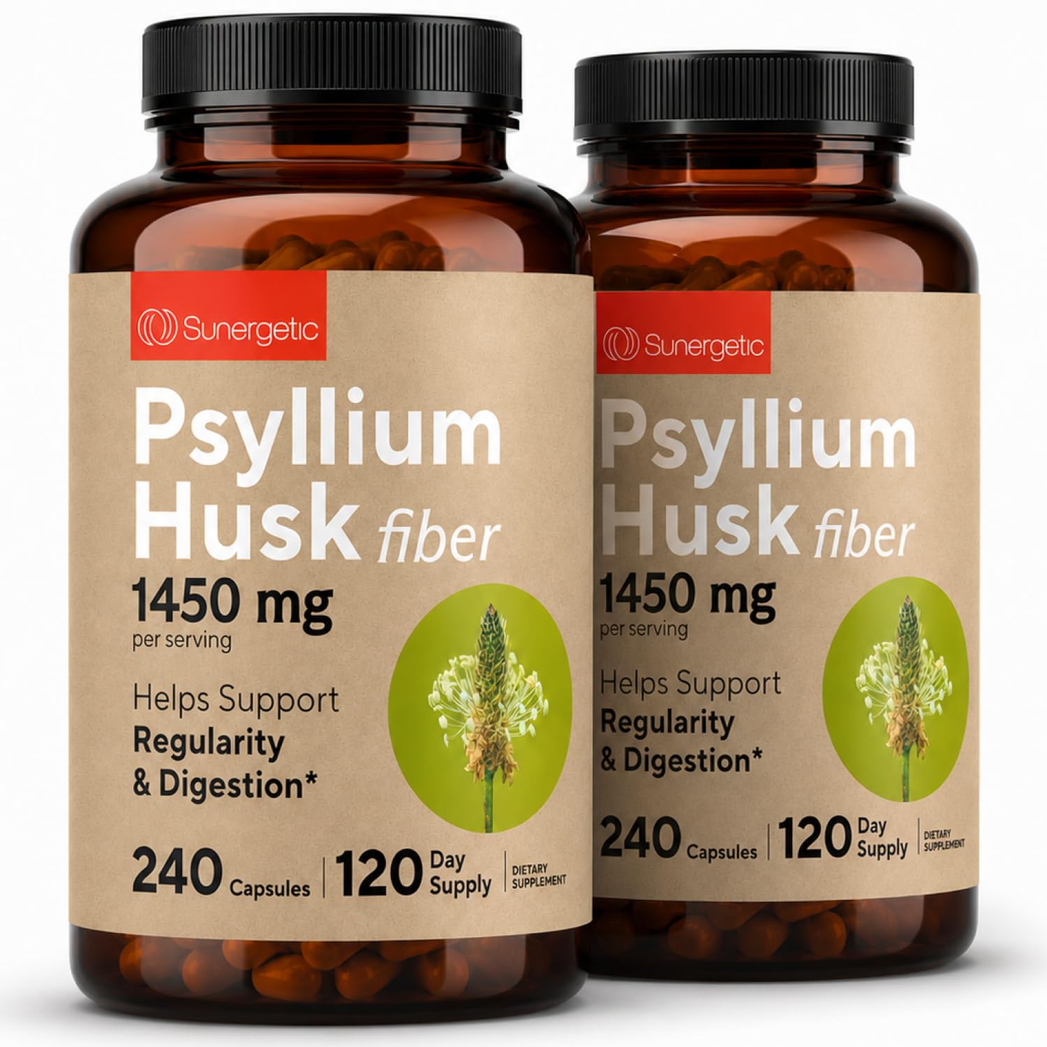 Sunergetic Premium Psyllium Husk Fiber Supplement 1450mg, 480 Capsules