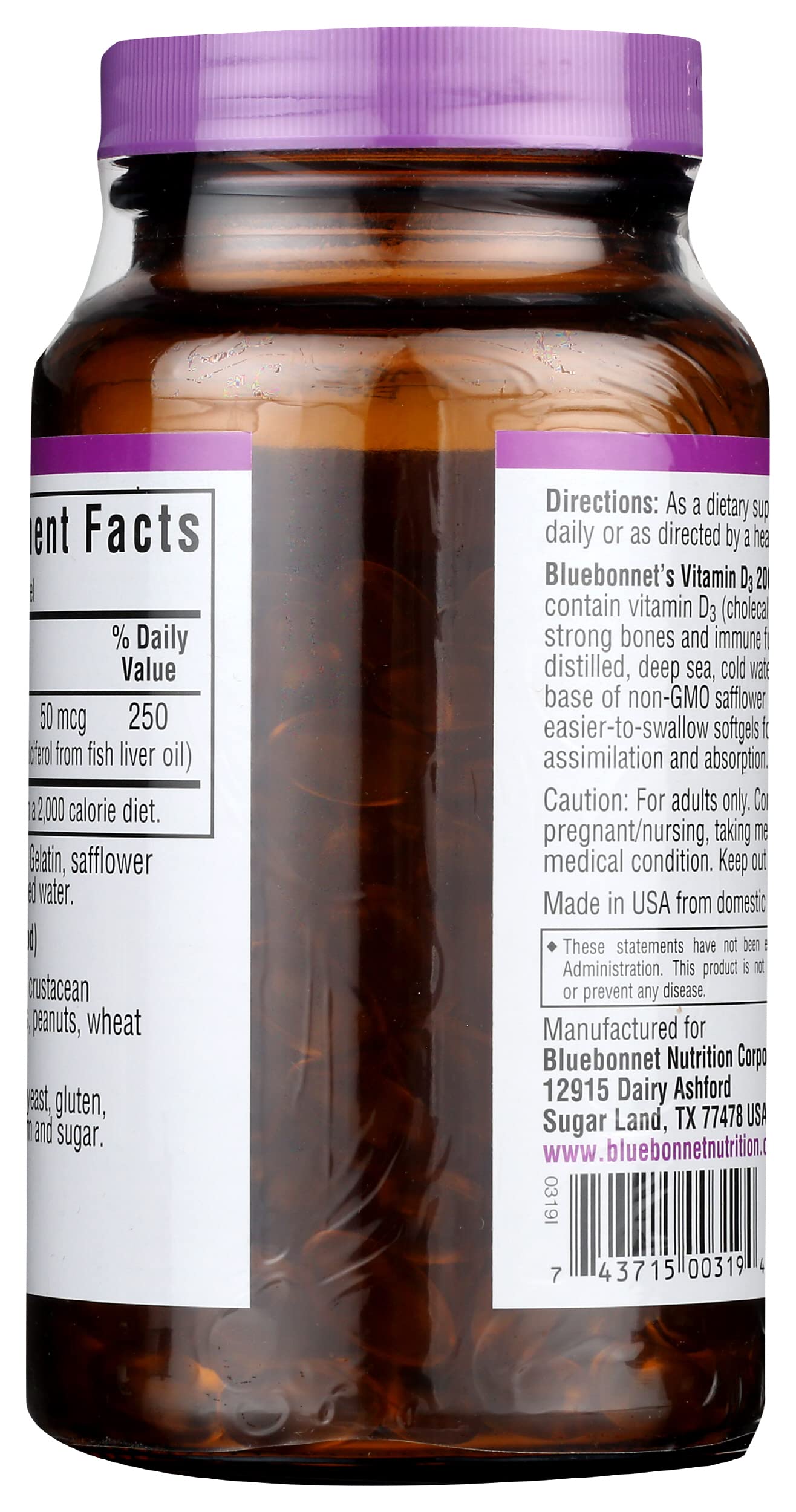 BlueBonnet Vitamin D3 2000 IU Softgels, 250 Count