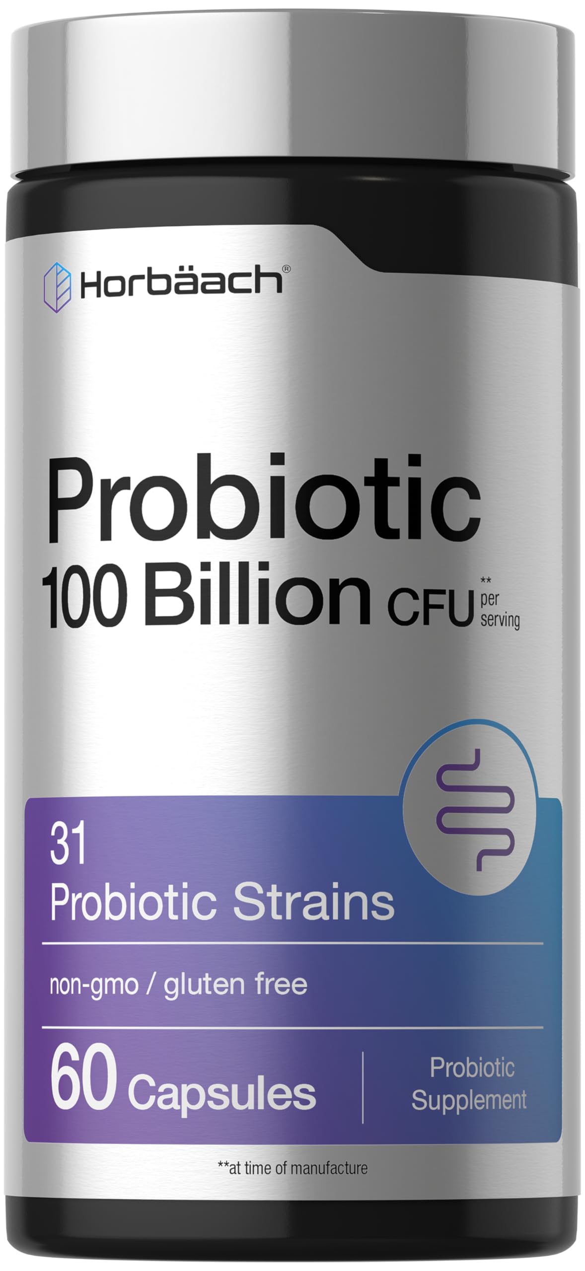 Horbäach Probiotic 100 Billion CFU, 31 Probiotic Strains Capsules, 60 Count