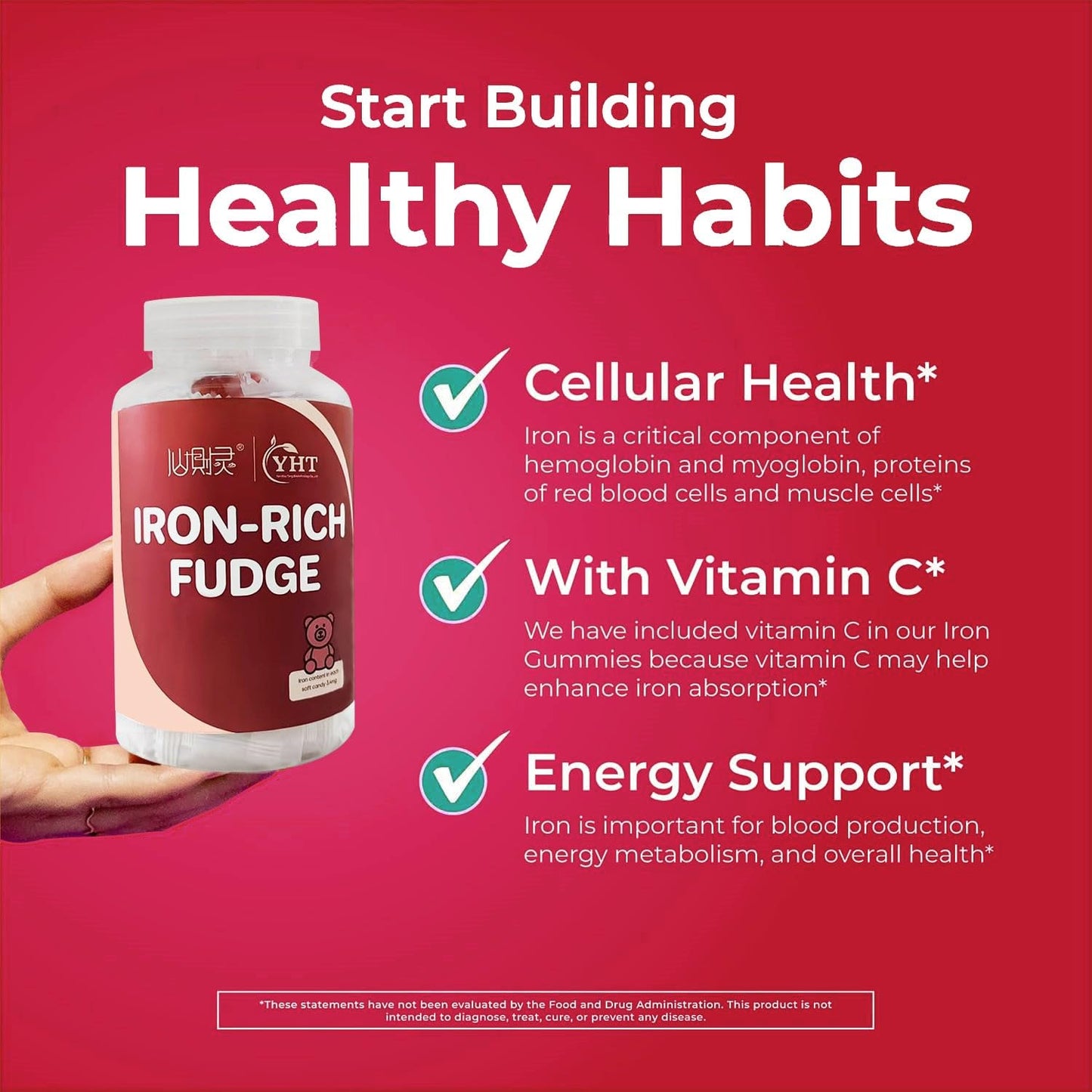 Eilin YHT Iron Gummies with Zinc and Multivitamins A C B6 B12 Folate - 30 Gummies