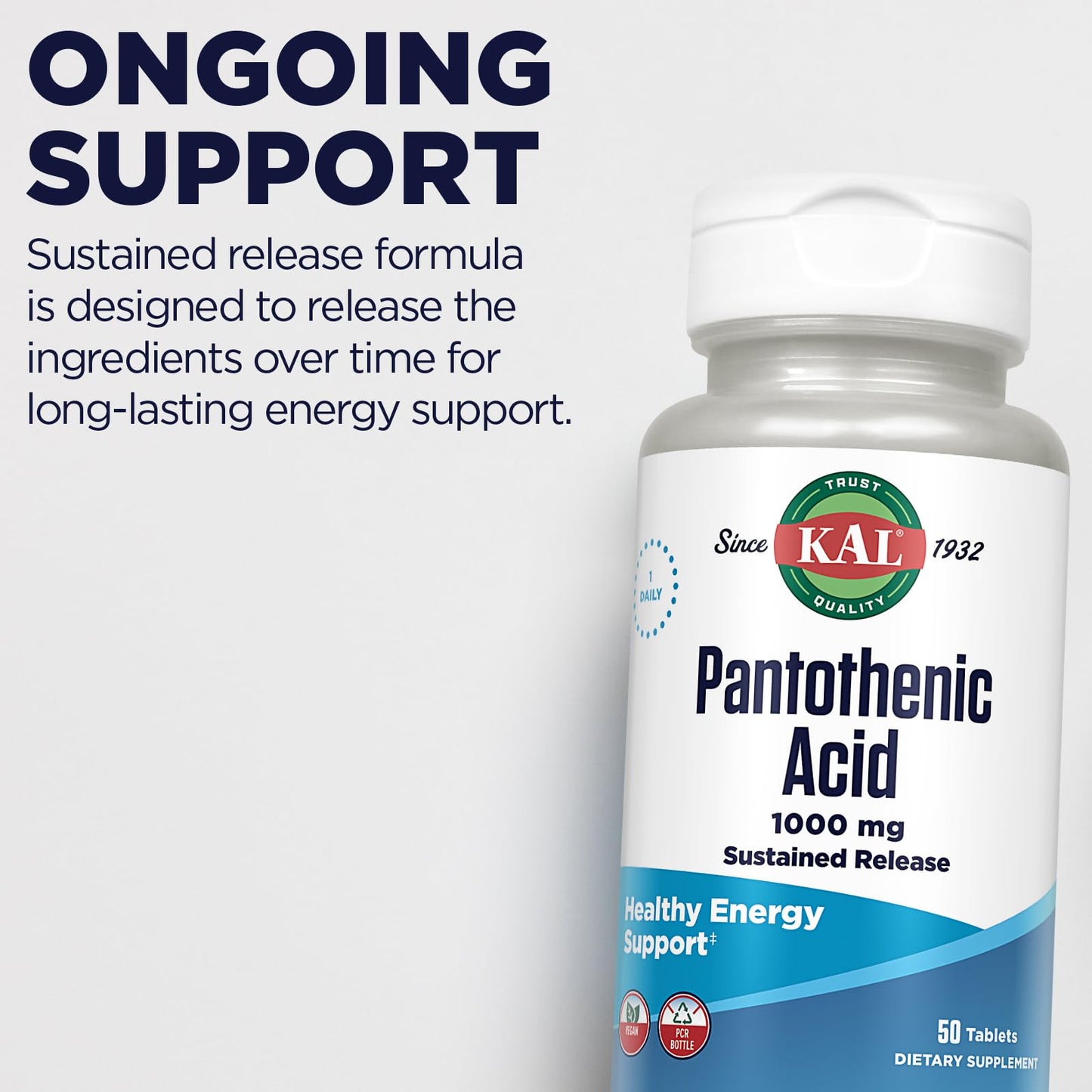 KAL Pantothenic Acid 1000mg Sustained Release Vitamin B5 Tablet, 50 Tablets