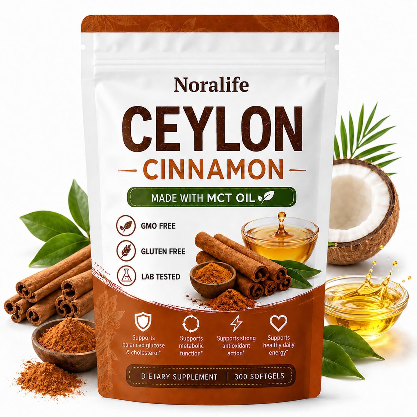 Noralife Ceylon Cinnamon with MCT Oil Softgels, 300 Softgels