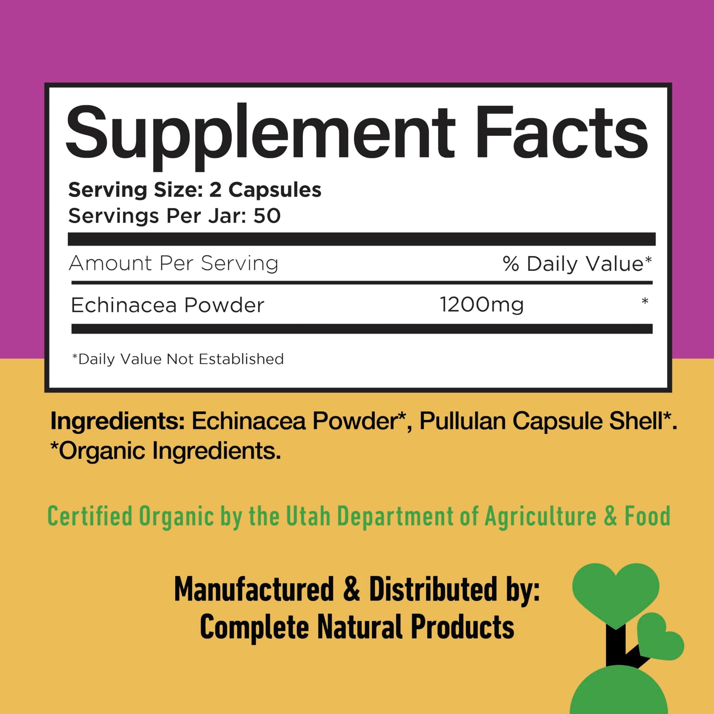 Complete Natural Products Organic Echinacea Capsules 600mg, 100 Count