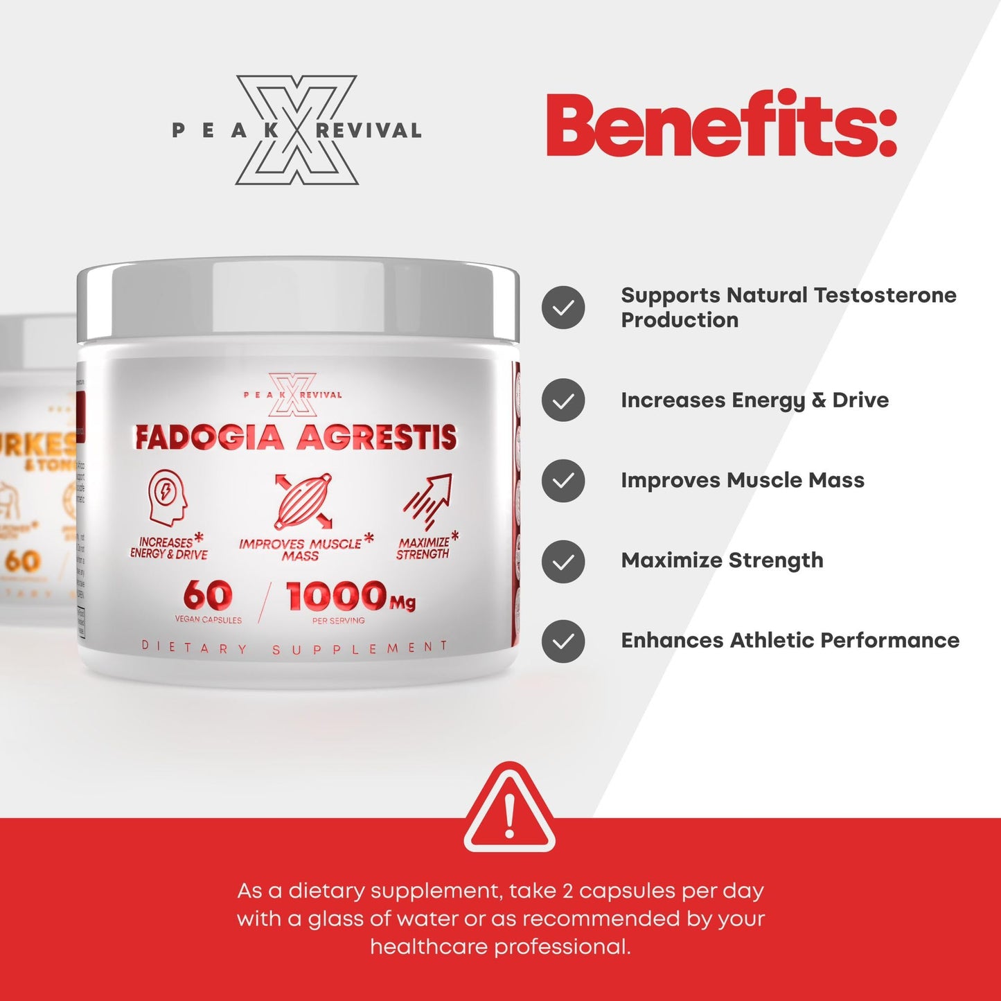 Peak Revival-X Testosterone Booster with Fadogia Agrestis 1000mg per Serving, Capsules, 60 Count