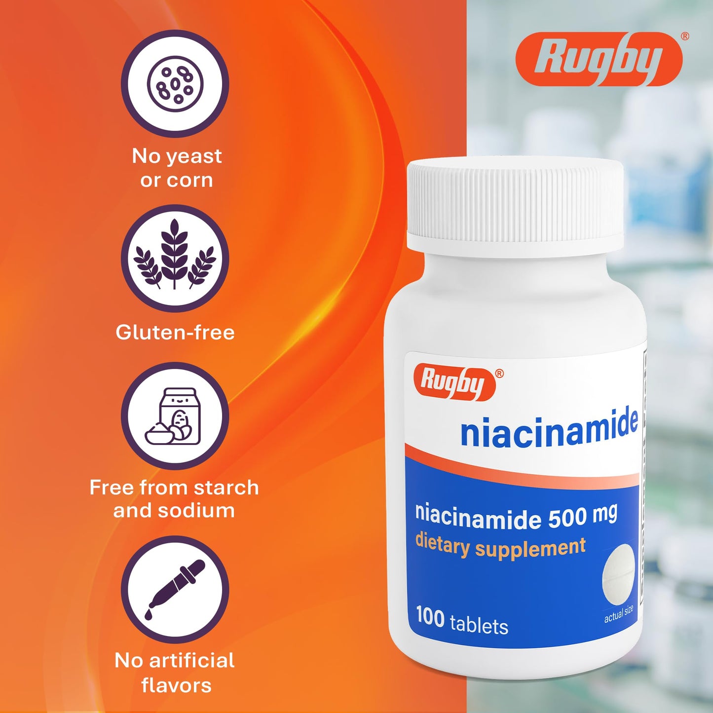 Rugby Laboratories Niacinamide 500 mg Tablets, 300 Tablets