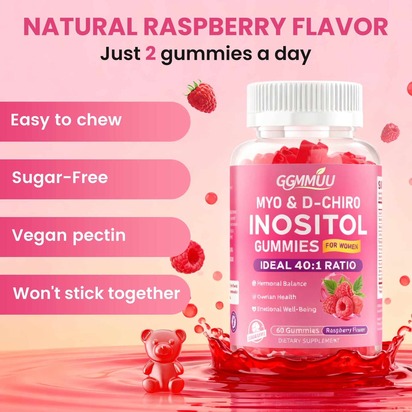 GGMMUU Myo-Inositol & D-Chiro Inositol Gummies for Women 2000mg + 50mg Ideal 40:1 Ratio with Vitamin D3, Magnesium Glycinate, Folate & Zinc for Female, Raspberry Flavor, 60 Count