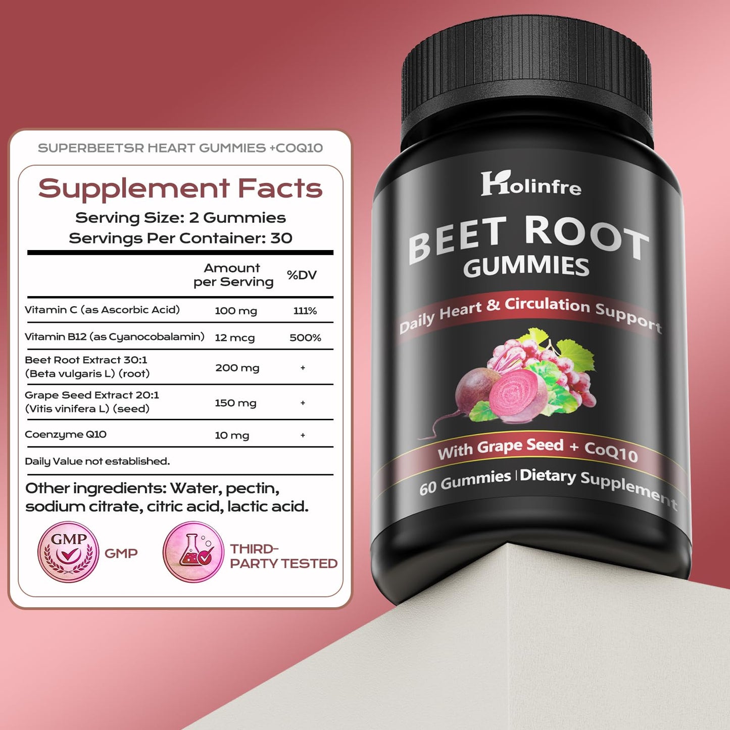HOLINFRE Beet Root Gummies with Grape Seed & CoQ10, 60 Gummies