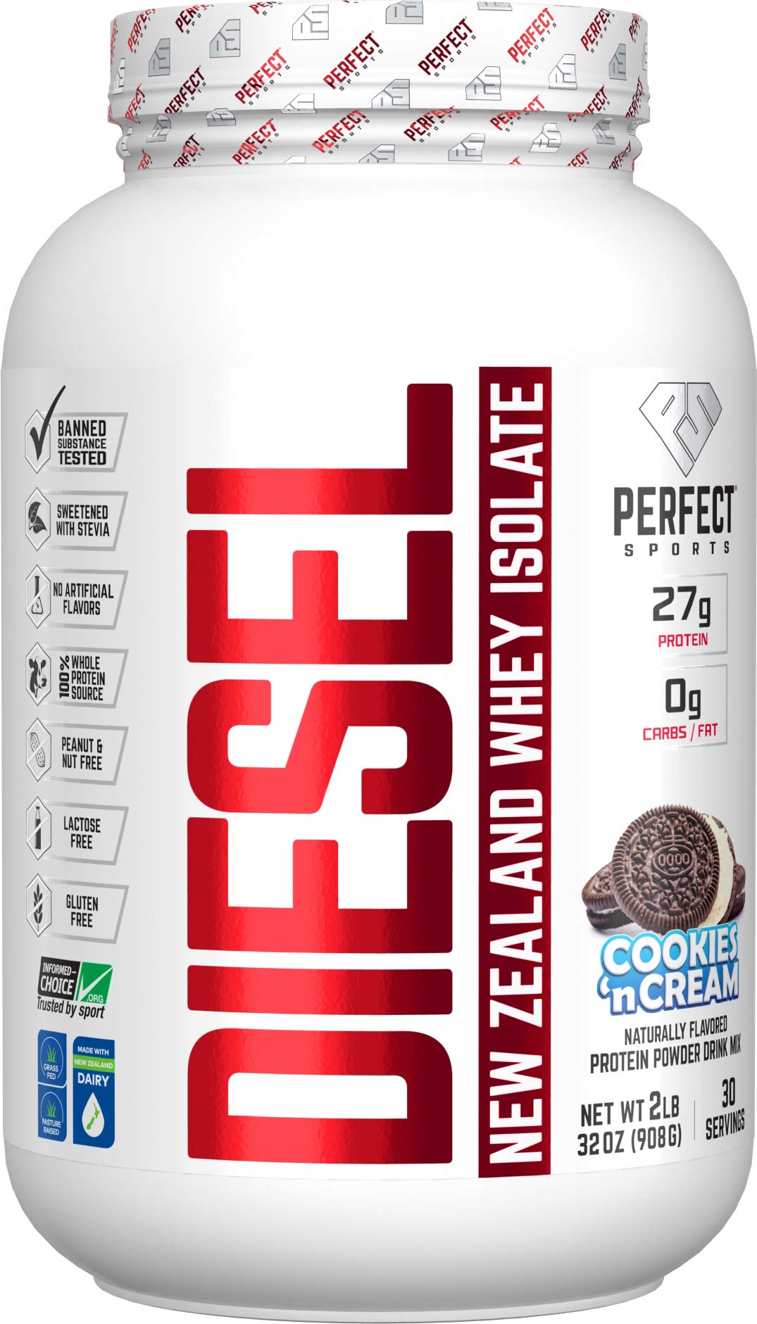 Perfect Sports Diesel 100% New Zealand Whey Isolate Powder Cookies n Cream, Grass-Fed & Pasture Raised, 32 oz