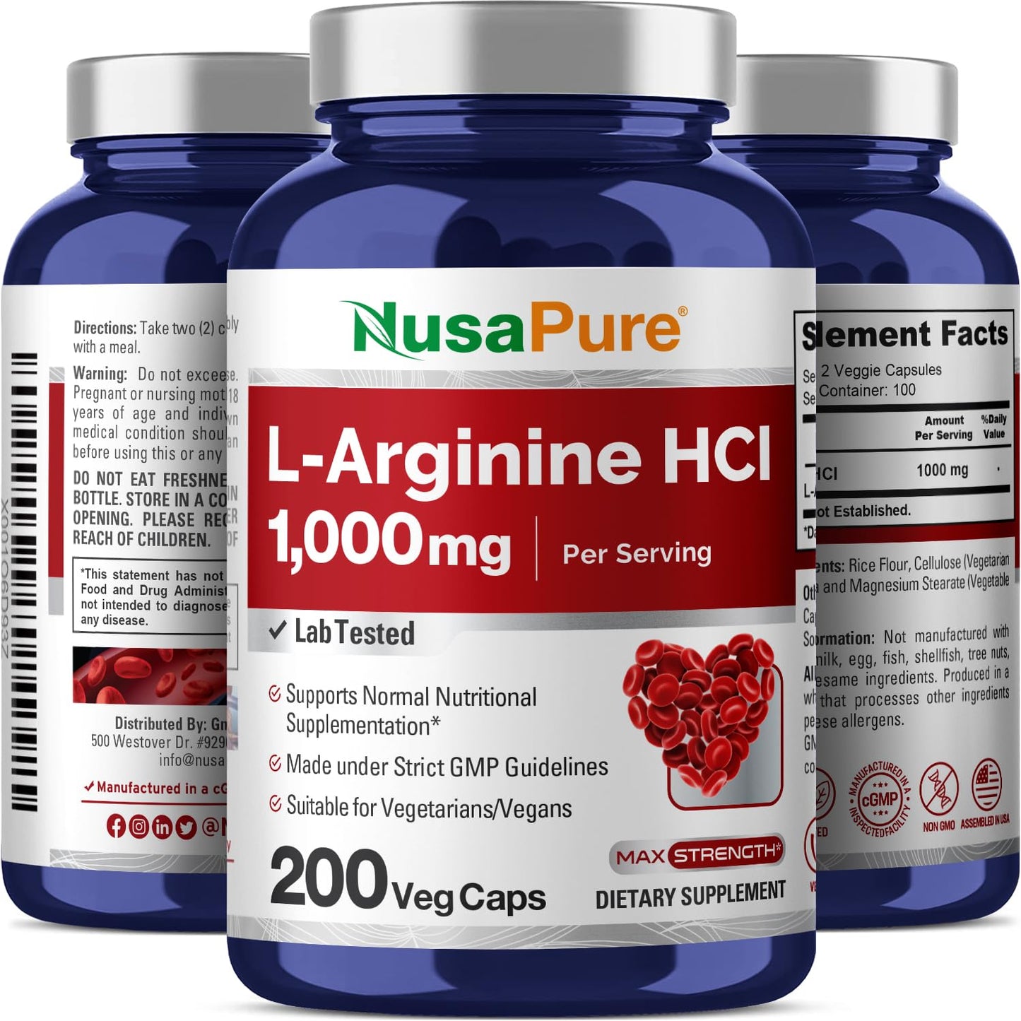 NusaPure L-Arginine HCI 1000mg Capsule, 200 Count