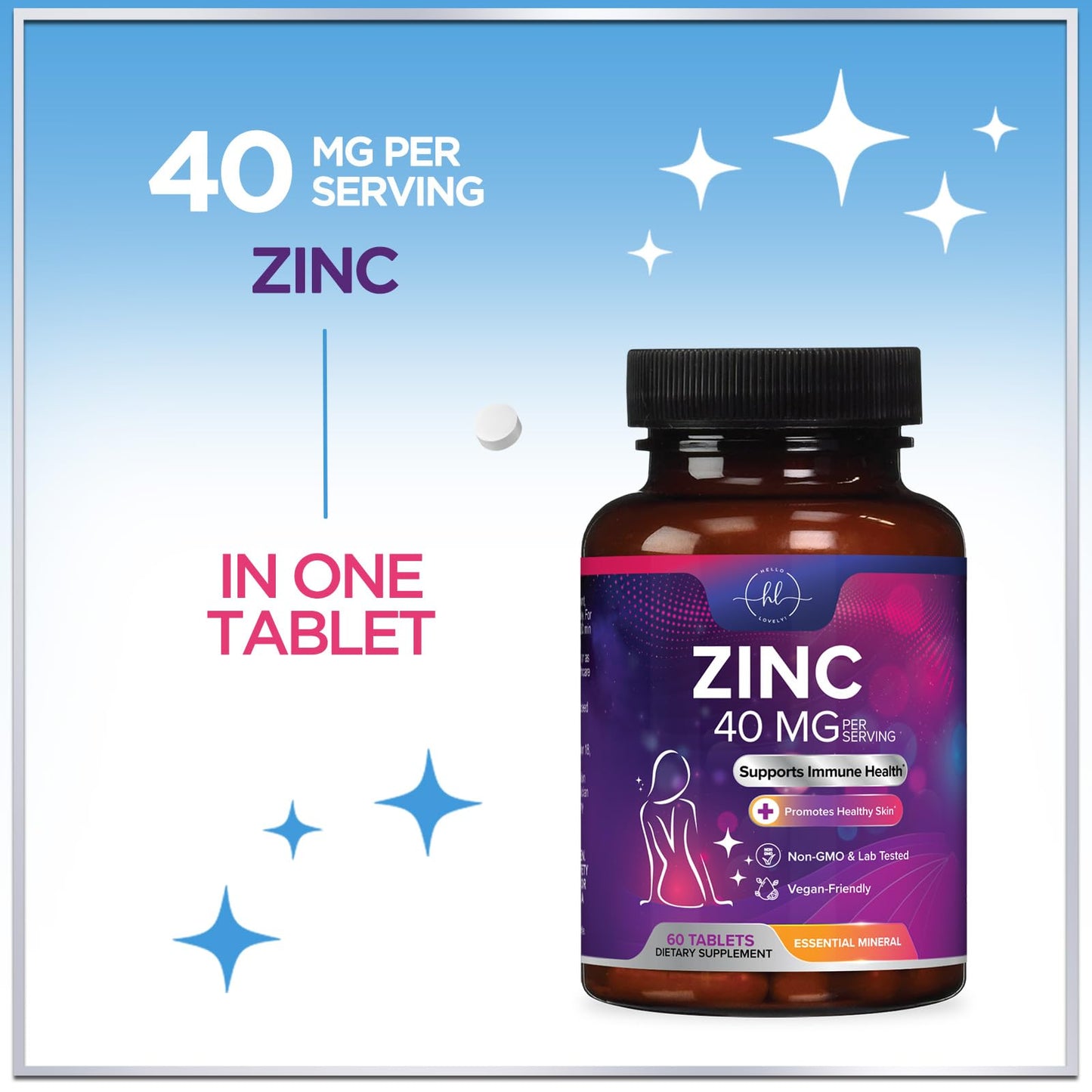 Hello Lovely! Zinc 40mg Tablets, 60 Count