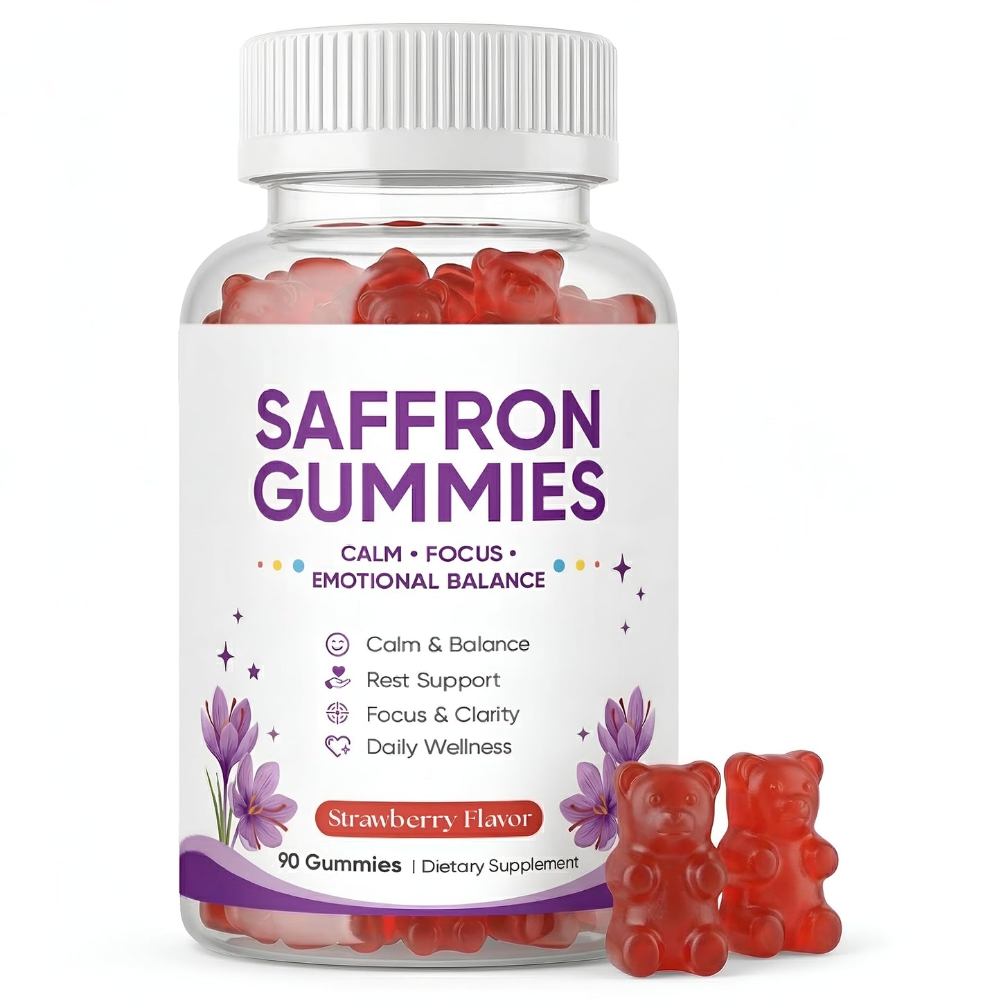 MKSUVGQ Saffron Mood & Calm Support with Passion Flower, St. John's Wort, GABA & Vitamin D2, Emotional Balance & Focus Formula, Strawberry Flavor 90 Gummies
