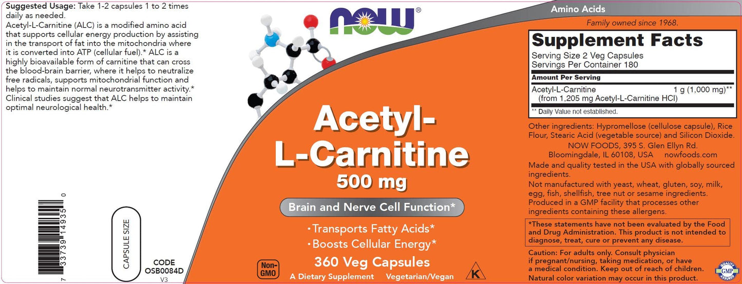 NOW Foods Acetyl-L-Carnitine 500mg, 720 Veg Caps