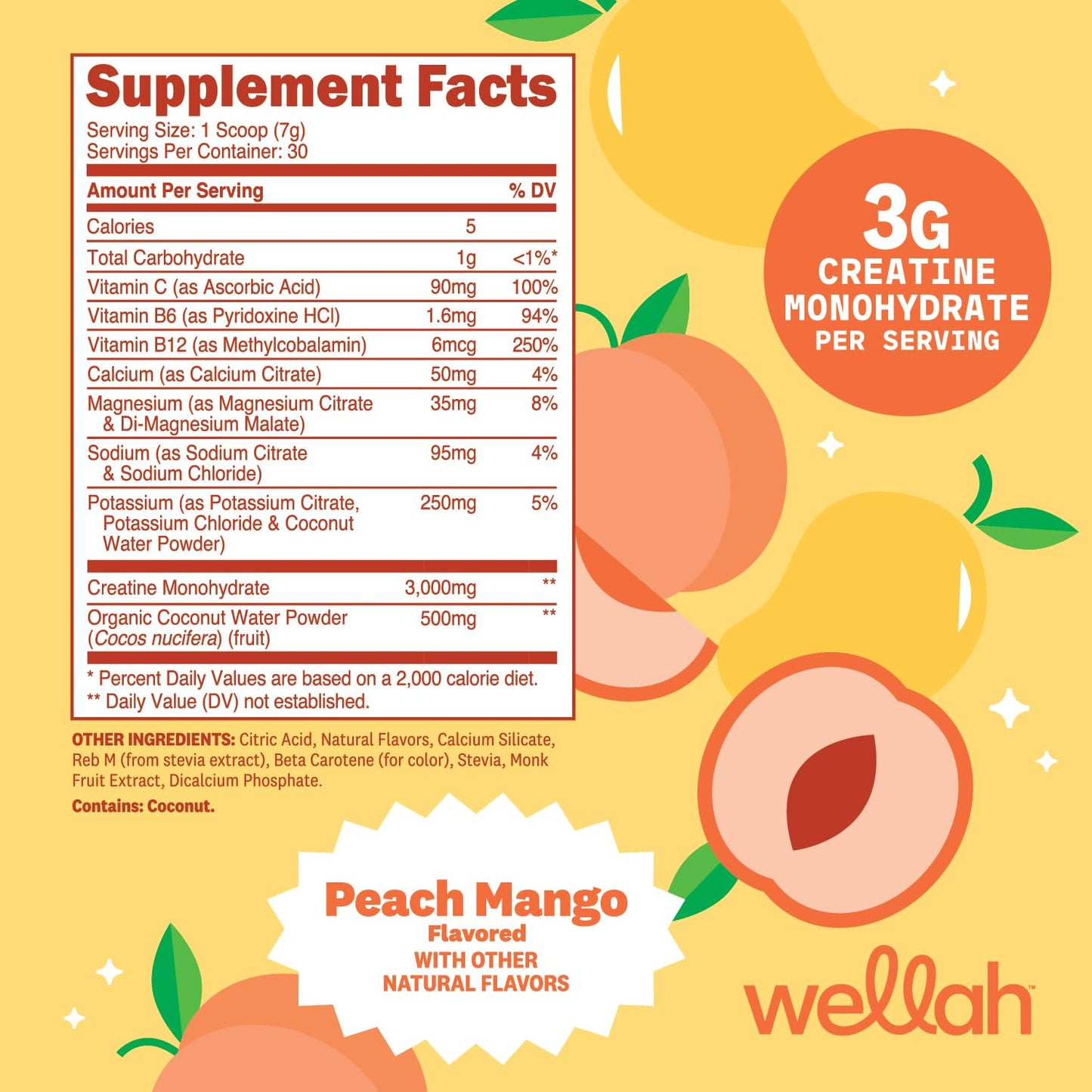 Wellah Creatine + Electrolytes Powder (Peach Mango) 7.4 Ounce