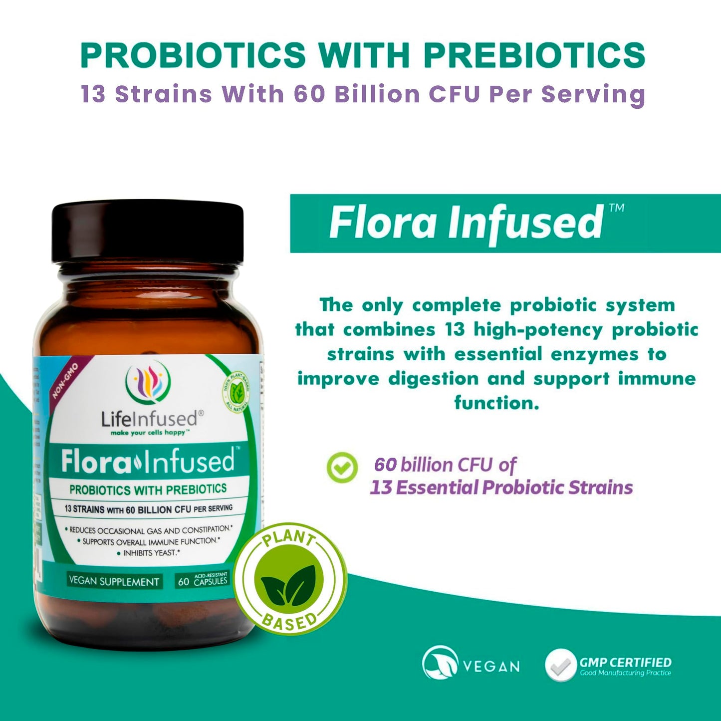 Life Infused Flora Infused Probiotics with Prebiotics Capsules, 60 Count