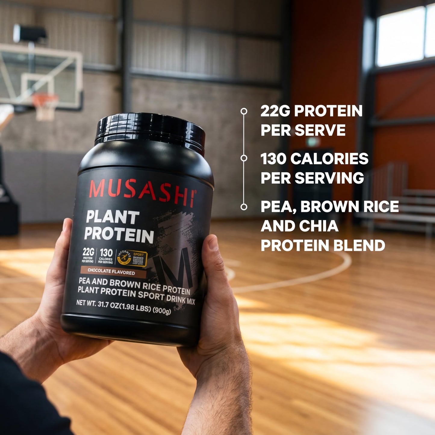 Musashi Plant Protein Powder, Chocolate, 1.98 lb (900 g), 31.75 Servings