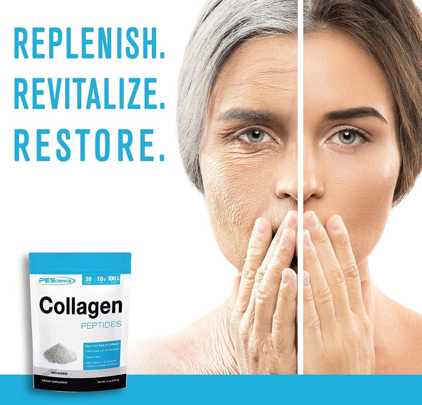 PEScience Collagen Peptides Powder Type I & III with Vitamin C, Unflavored, 11 Ounce